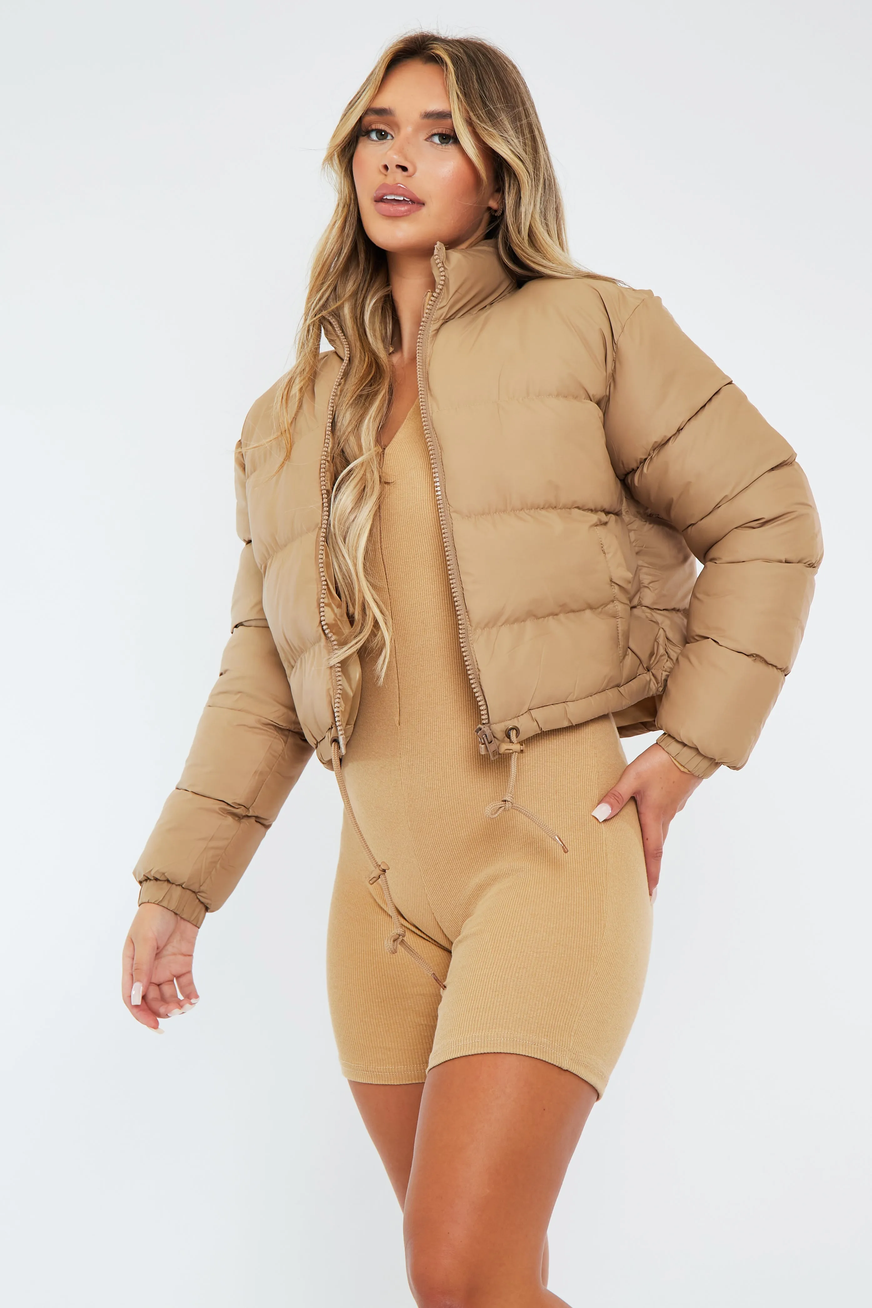 Camel Padded Cropped Puffer Jacket - Adhara