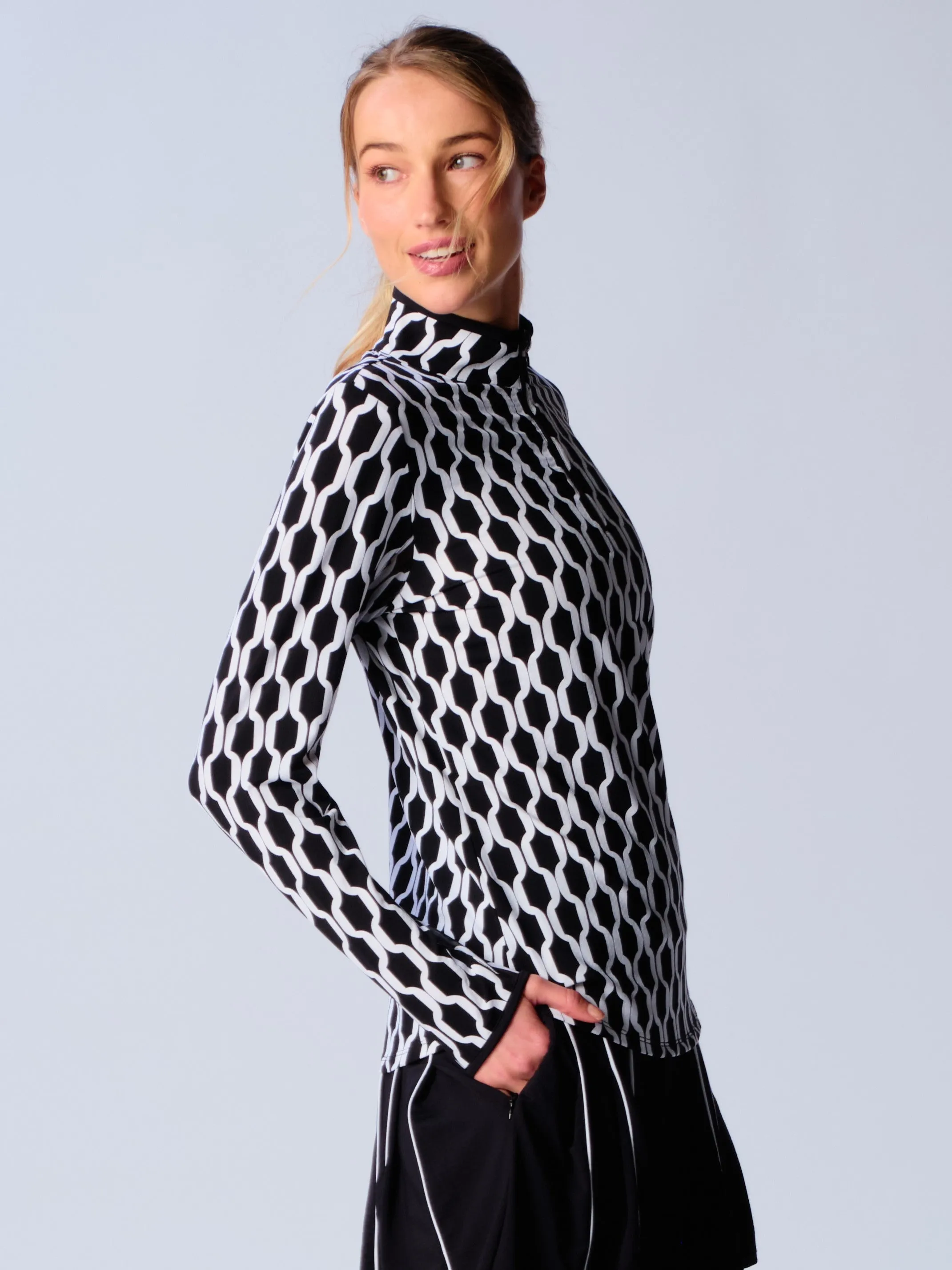 Color Block Trim Quarter Zip Long Sleeve Top In Black Geo