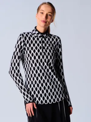 Color Block Trim Quarter Zip Long Sleeve Top In Black Geo