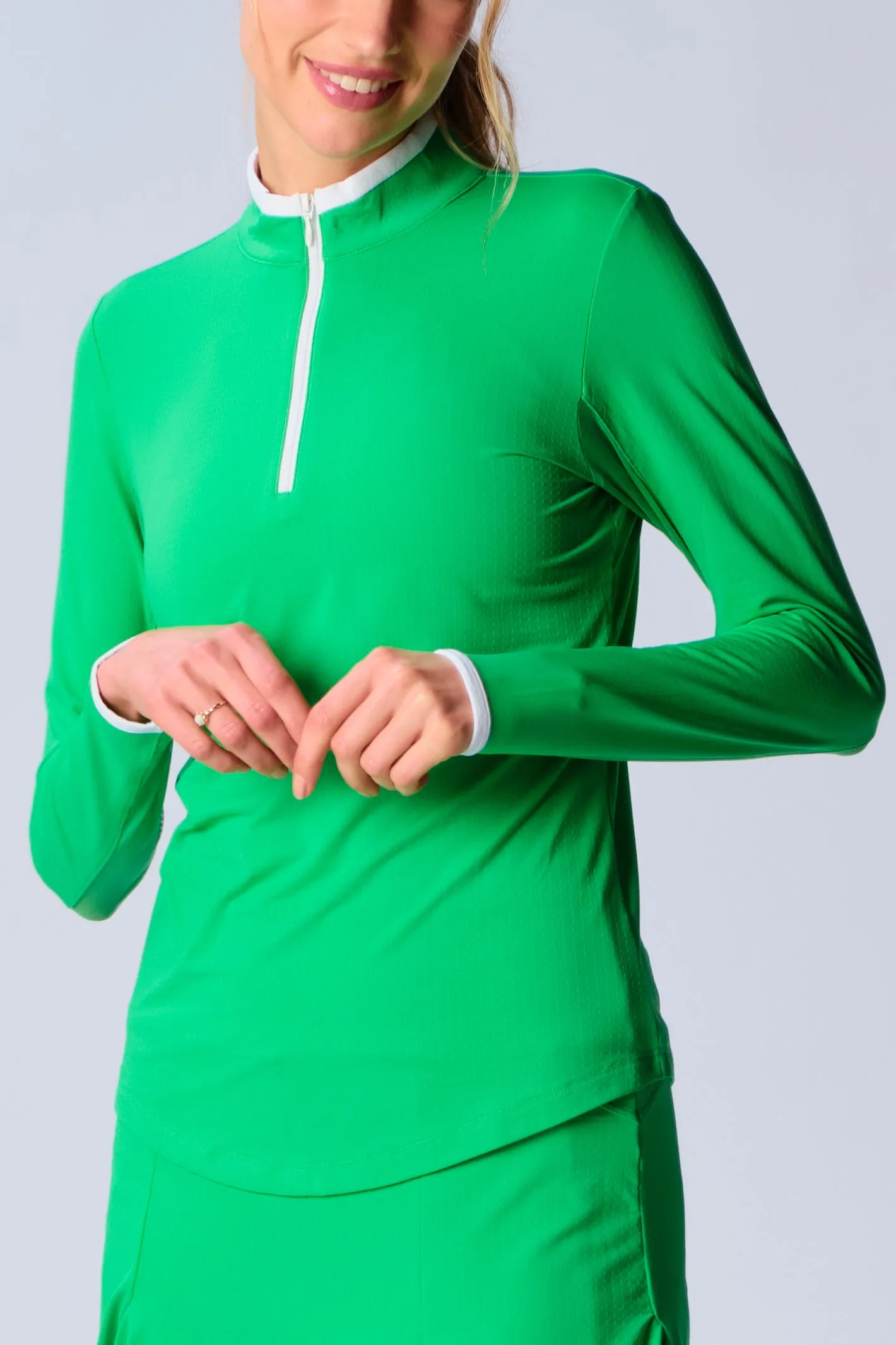 Color Block Trim Quarter Zip Long Sleeve Top In Kelly Green