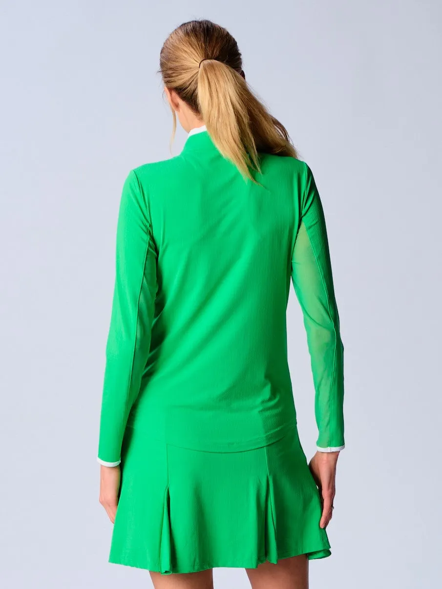 Color Block Trim Quarter Zip Long Sleeve Top In Kelly Green