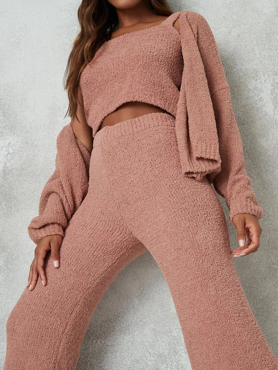 Cosy Knit Balloon Sleeve Cardigan Three-Piece Suit