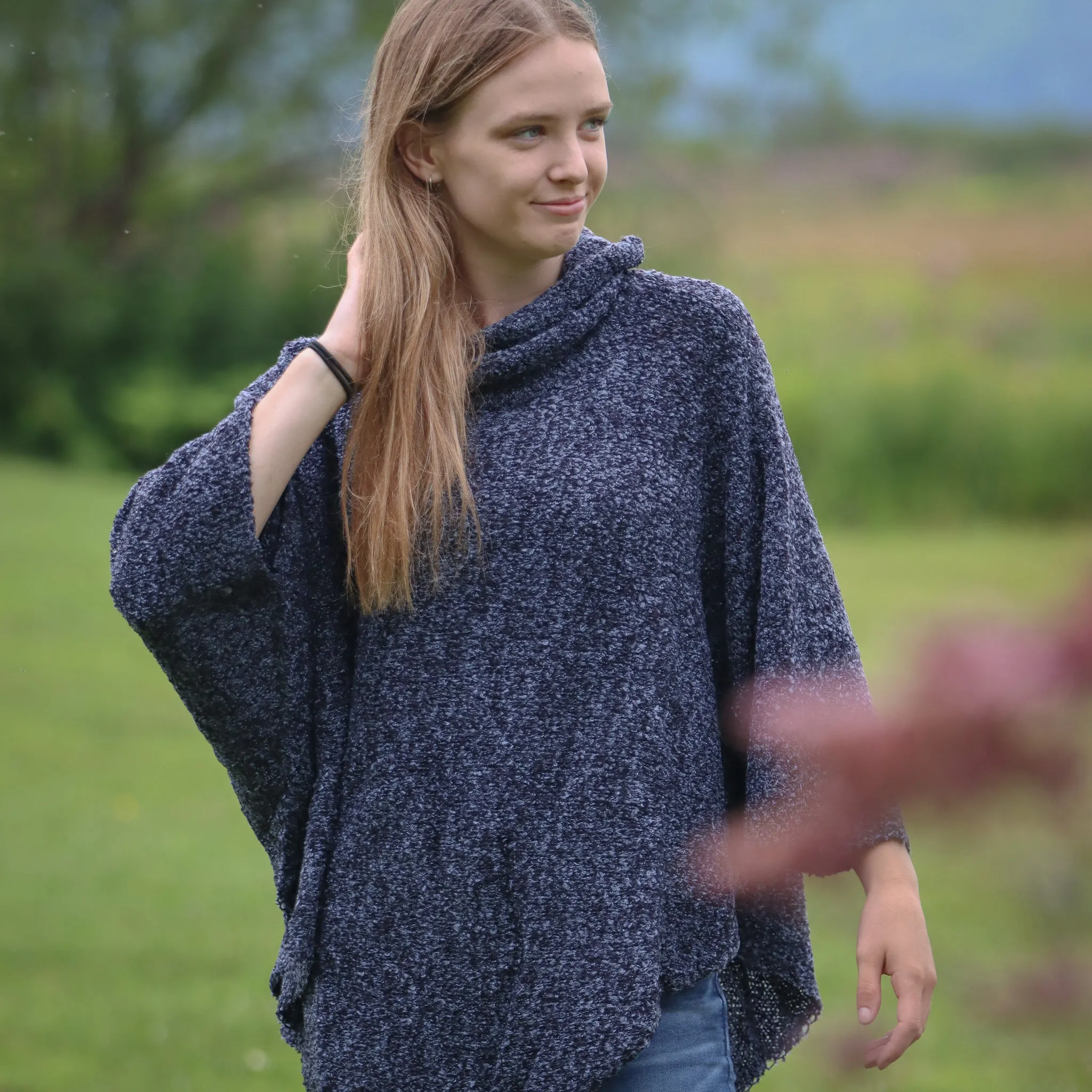 Cowl Neck Poncho- Blue