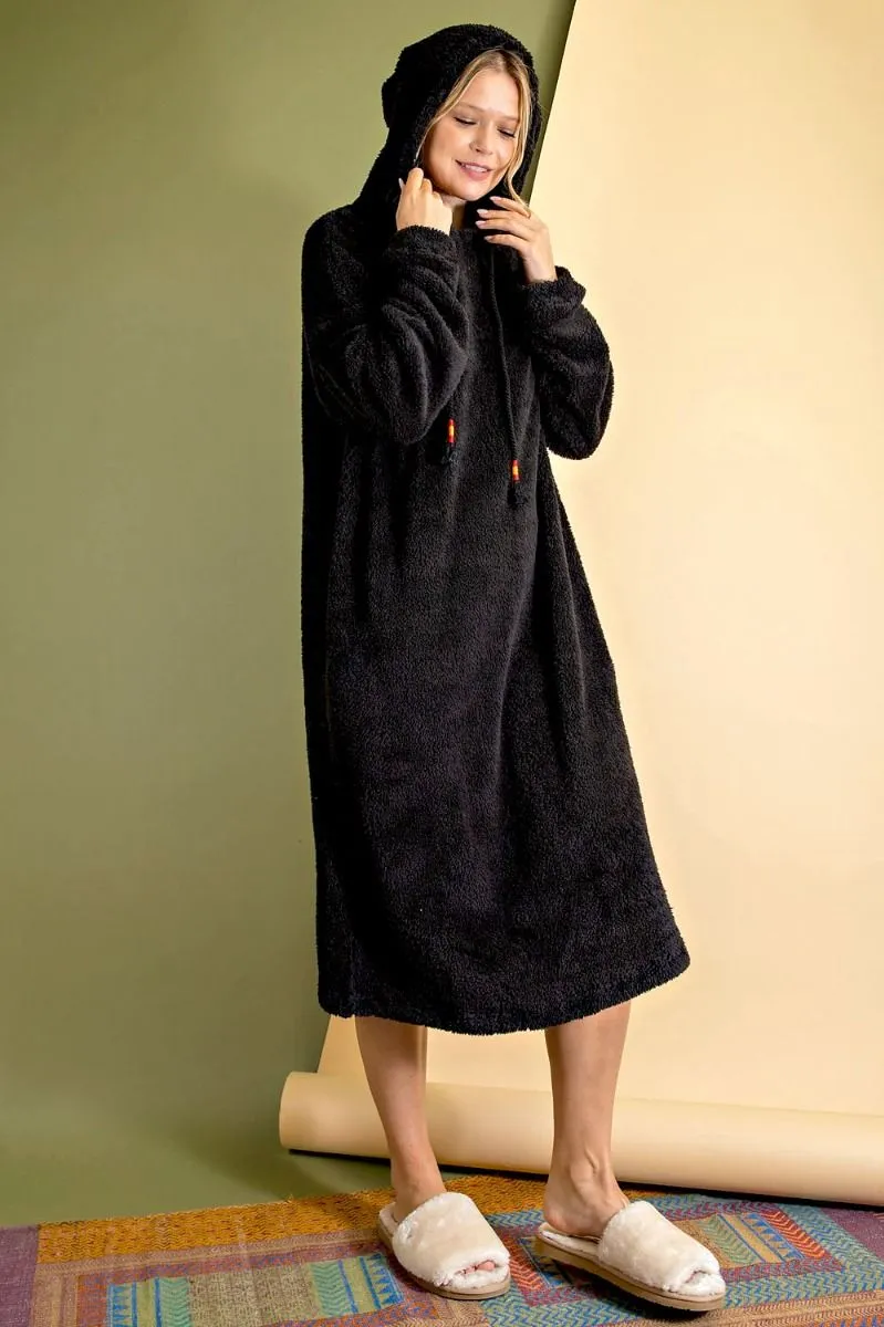 ED16690 Teddy Fur Hoodie Dress-Black