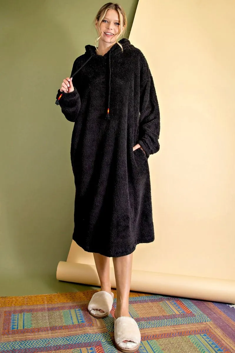 ED16690 Teddy Fur Hoodie Dress-Black