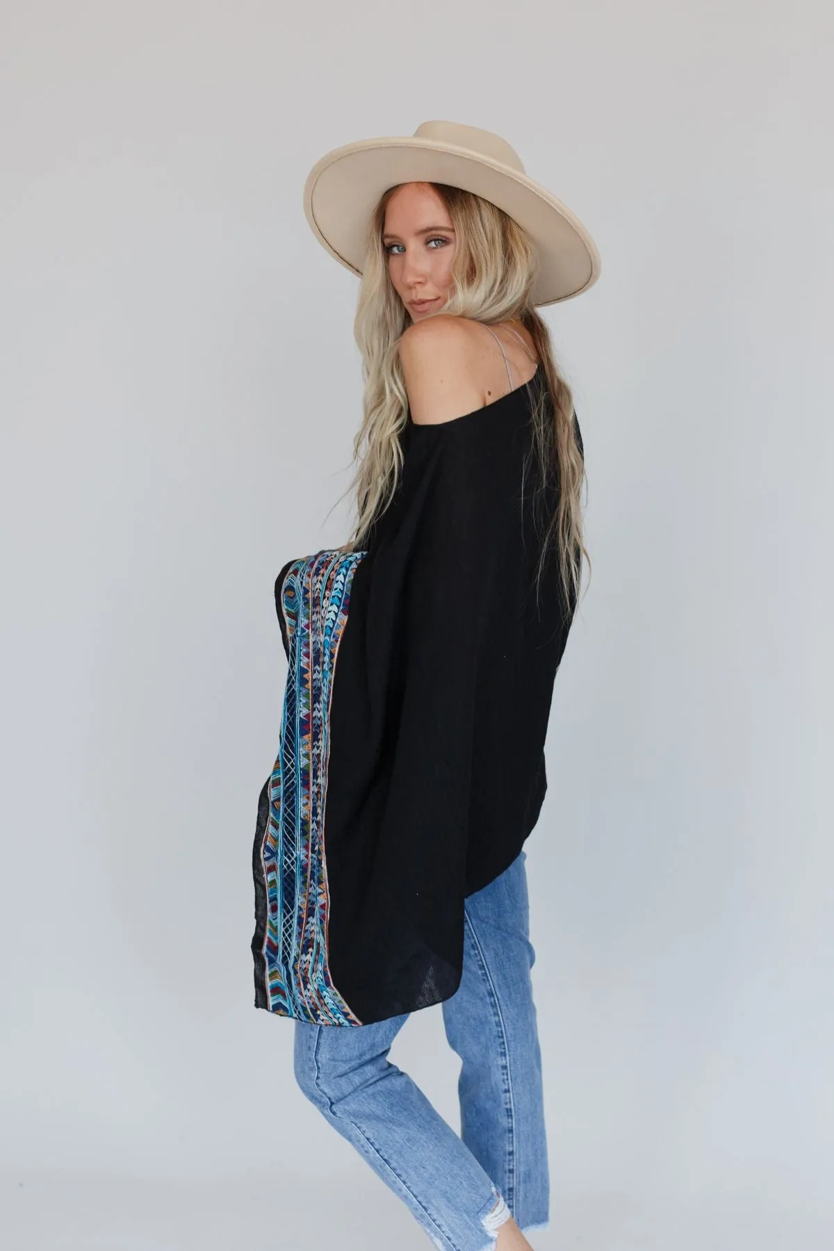 Fallon Embroidered Sleeve Poncho - Black