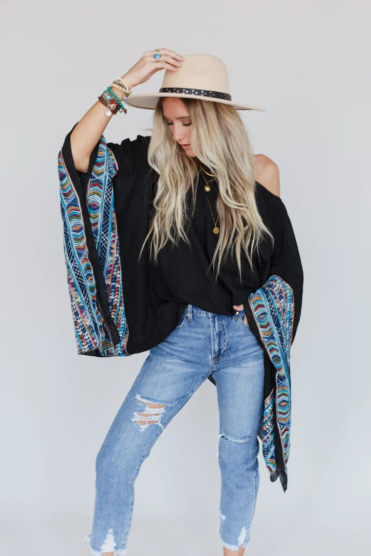 Fallon Embroidered Sleeve Poncho - Black