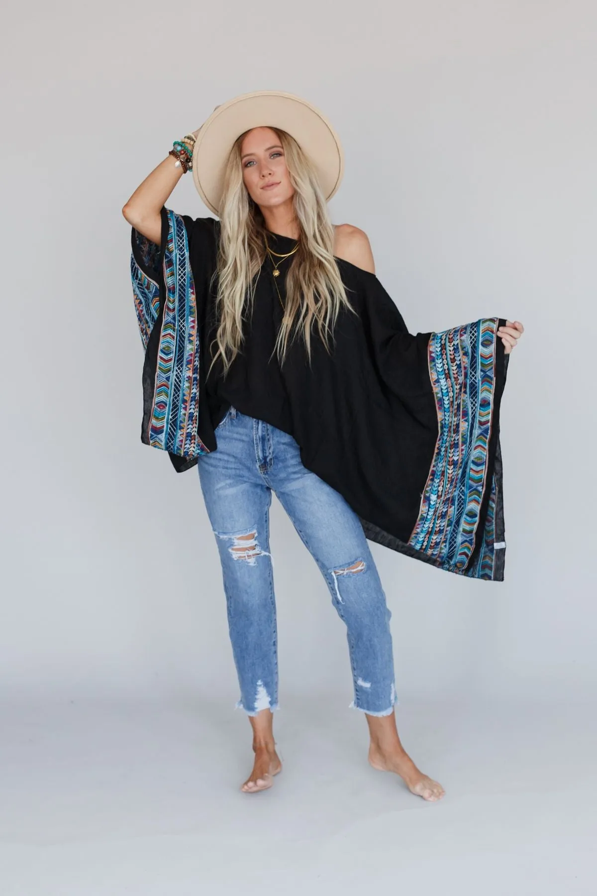 Fallon Embroidered Sleeve Poncho - Black