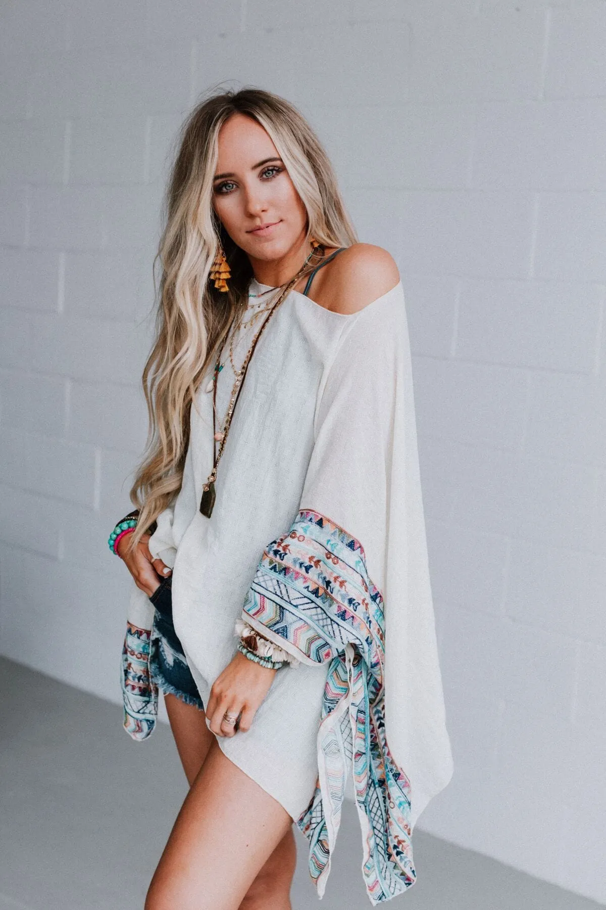 Fallon Embroidered Sleeve Poncho - Ivory