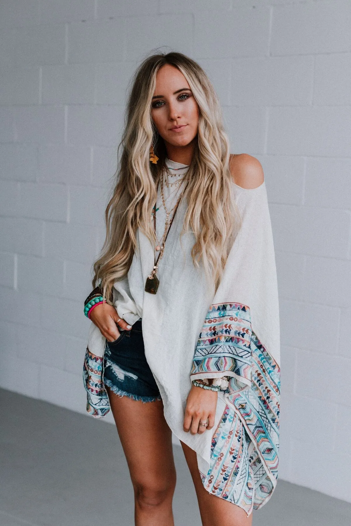 Fallon Embroidered Sleeve Poncho - Ivory