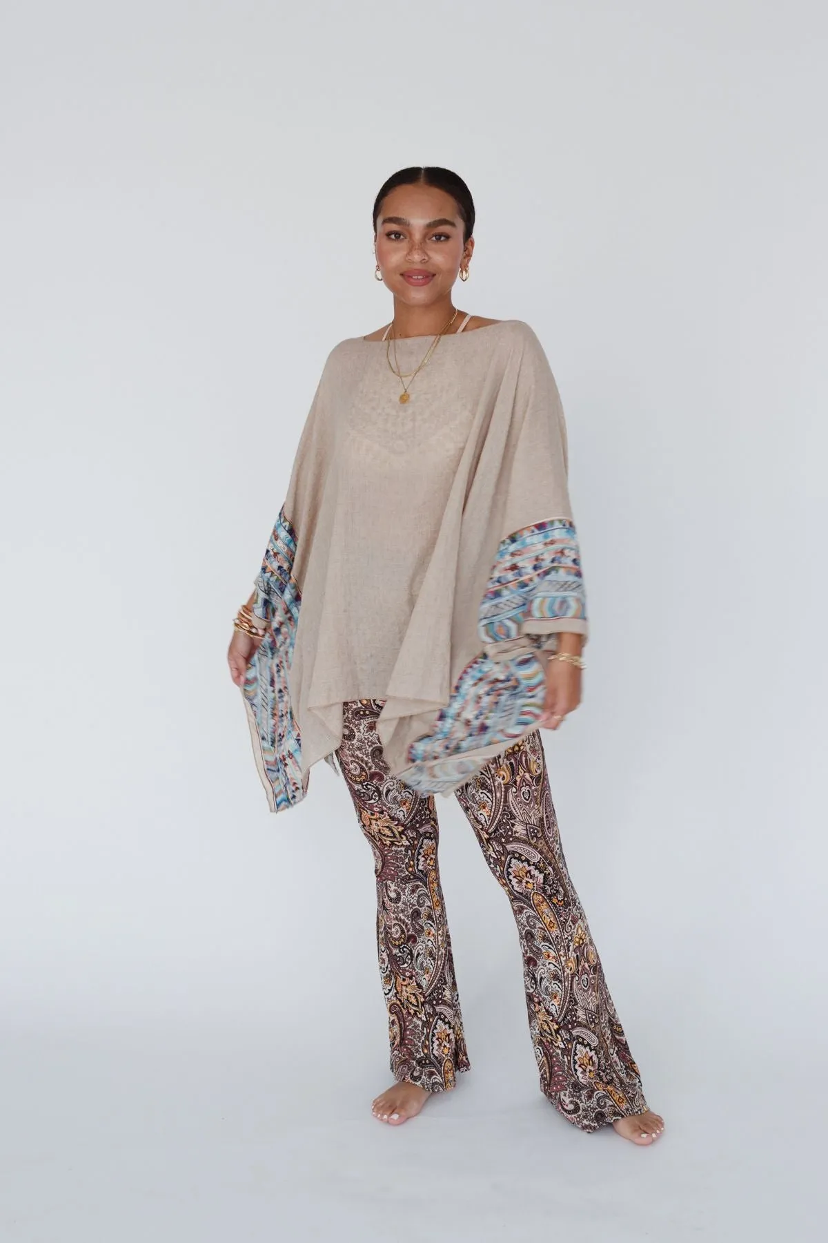 Fallon Embroidered Sleeve Poncho - Mocha