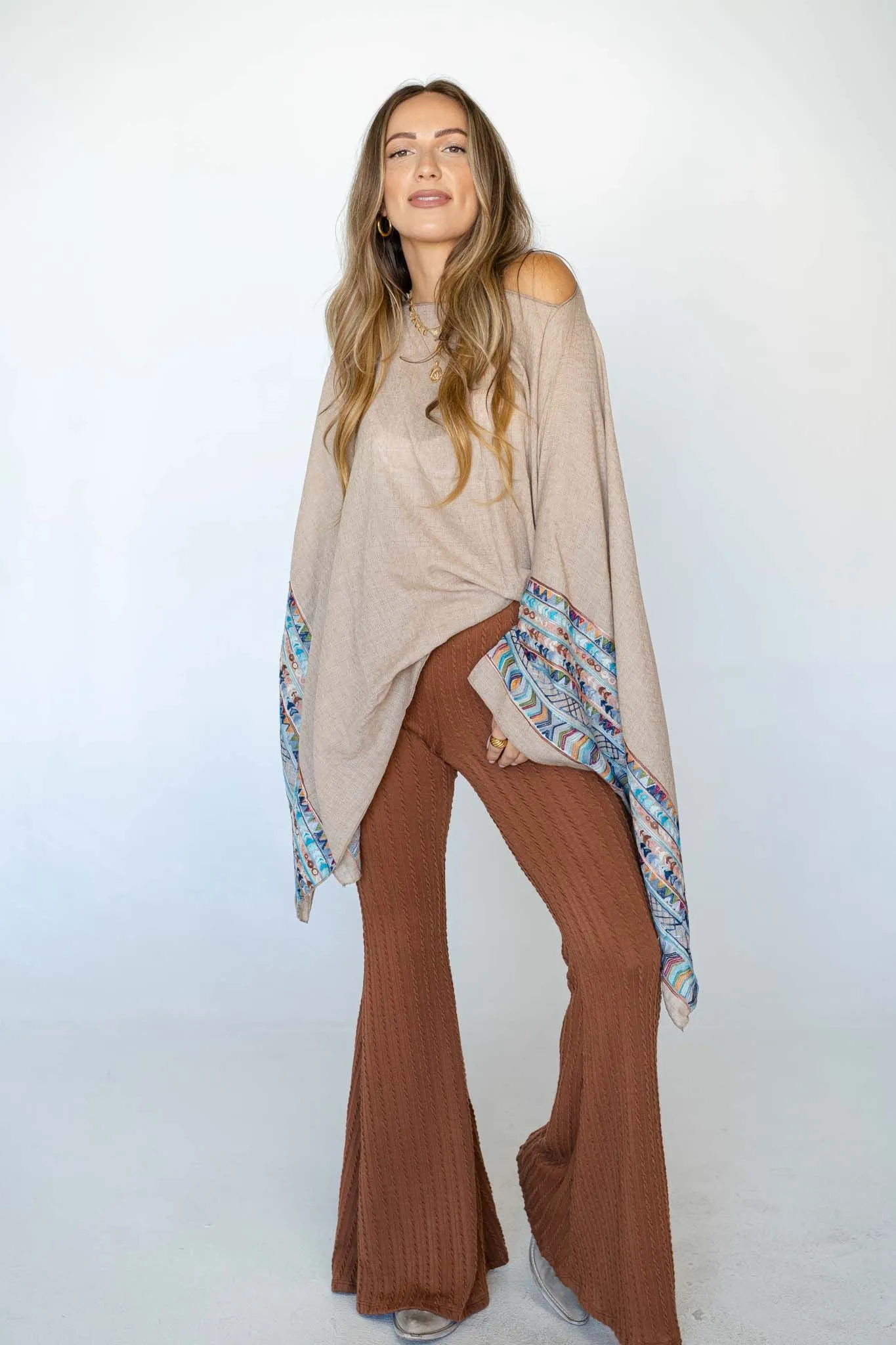 Fallon Embroidered Sleeve Poncho - Mocha