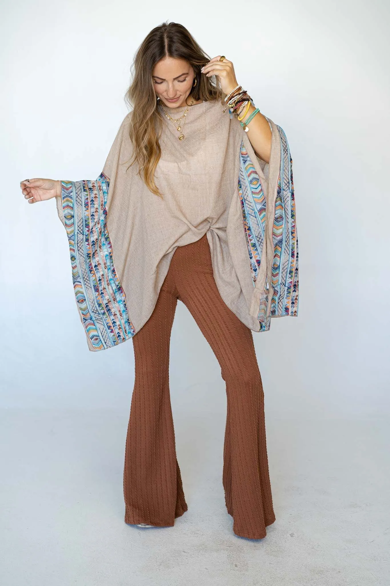 Fallon Embroidered Sleeve Poncho - Mocha