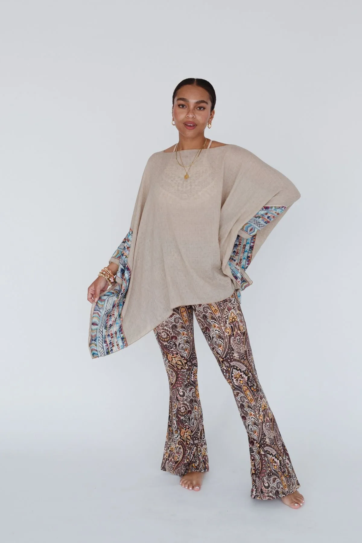 Fallon Embroidered Sleeve Poncho - Mocha