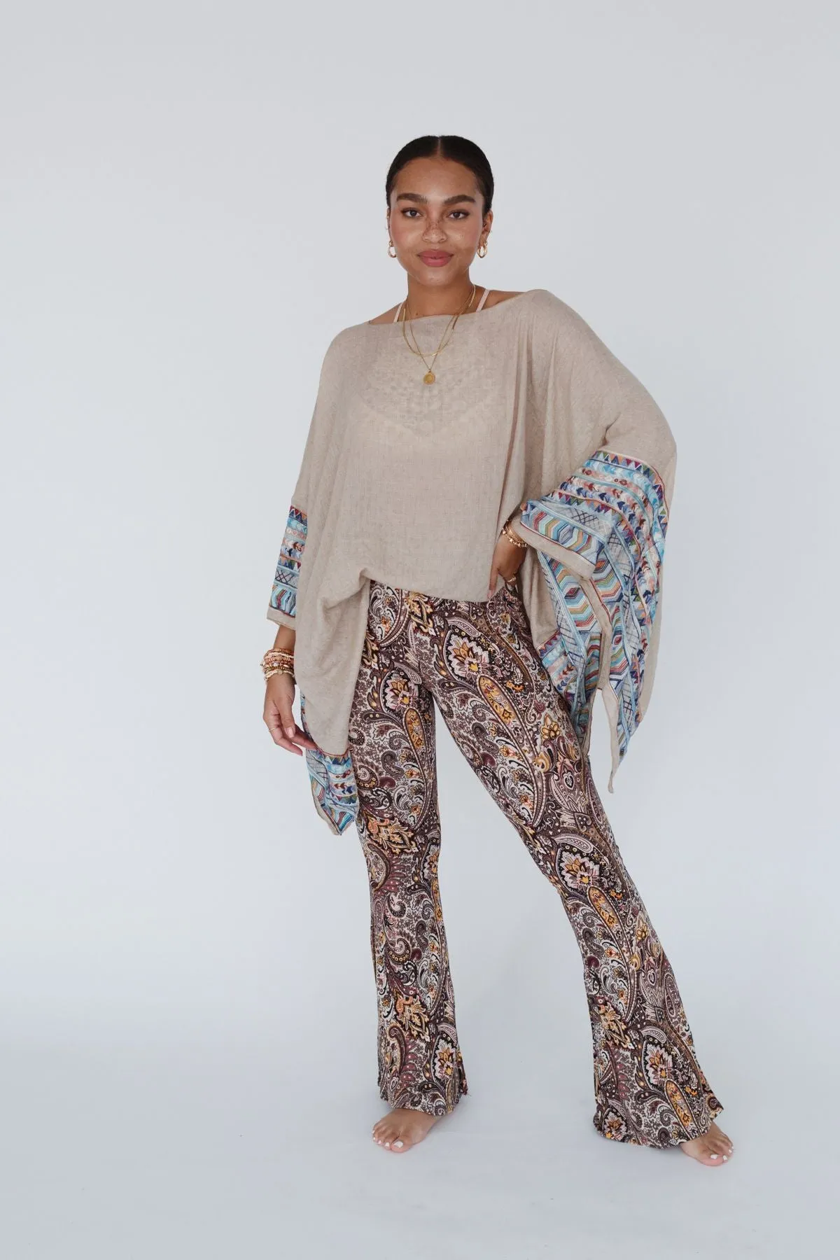 Fallon Embroidered Sleeve Poncho - Mocha