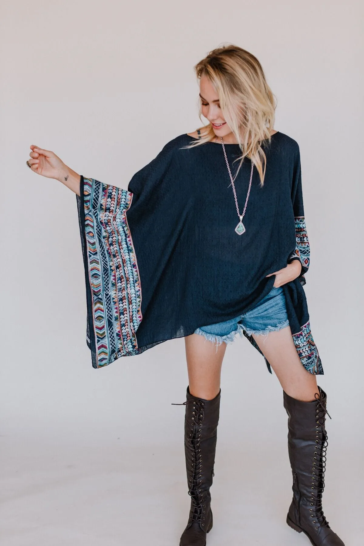 Fallon Embroidered Sleeve Poncho - Navy