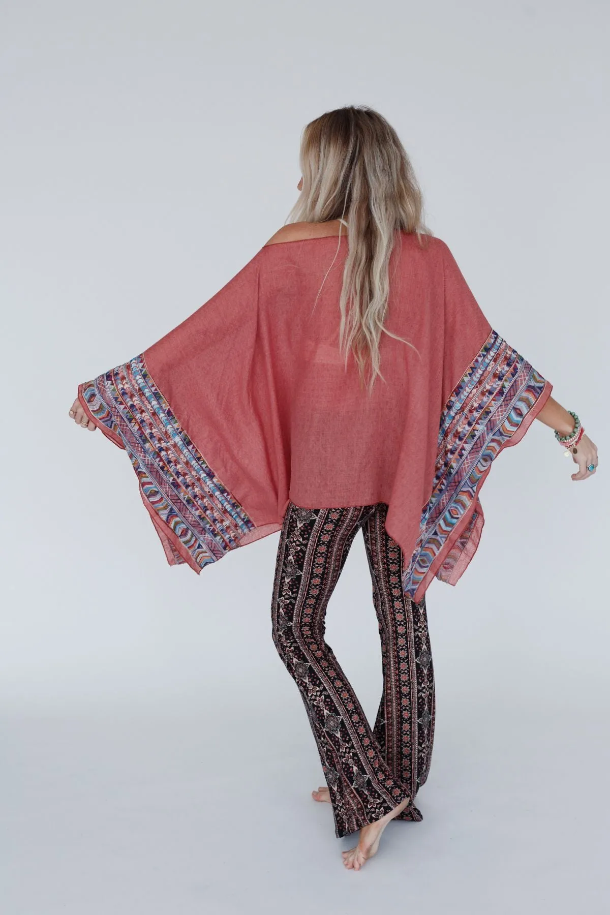 Fallon Embroidered Sleeve Poncho - Rust