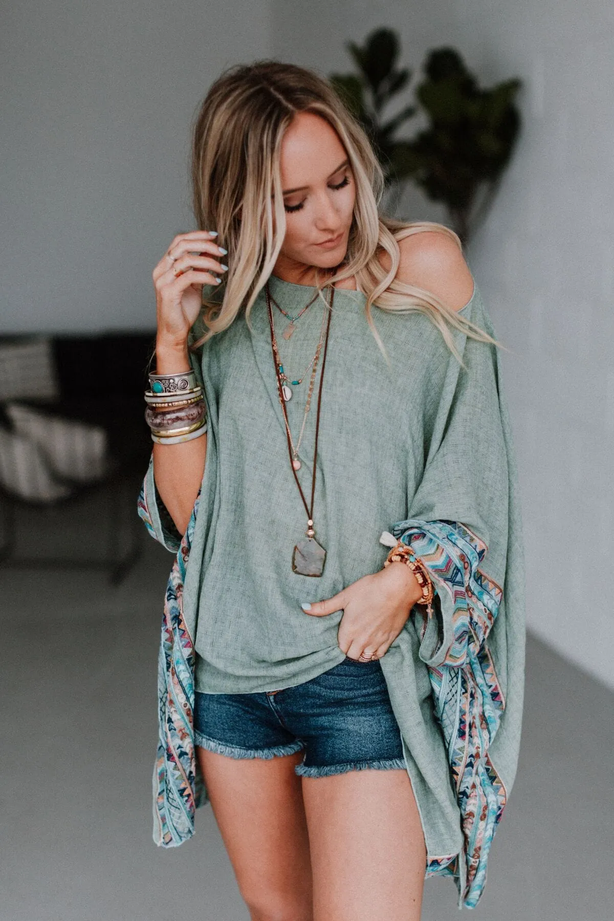 Fallon Embroidered Sleeve Poncho - Sage