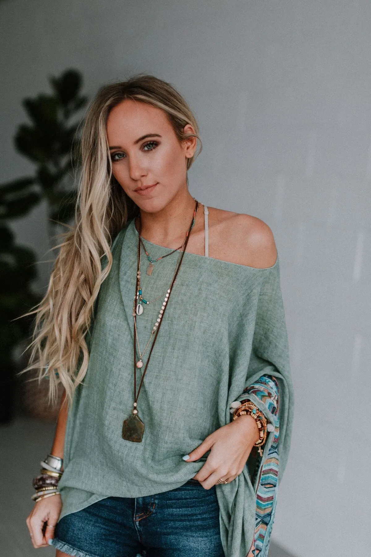 Fallon Embroidered Sleeve Poncho - Sage