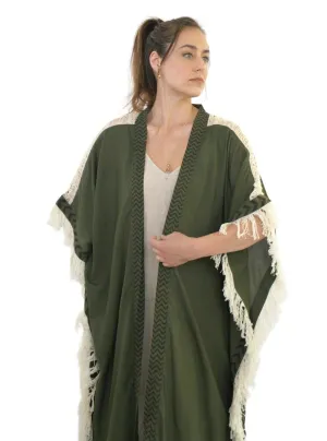 Forest Green Closed-Back Fringe Poncho