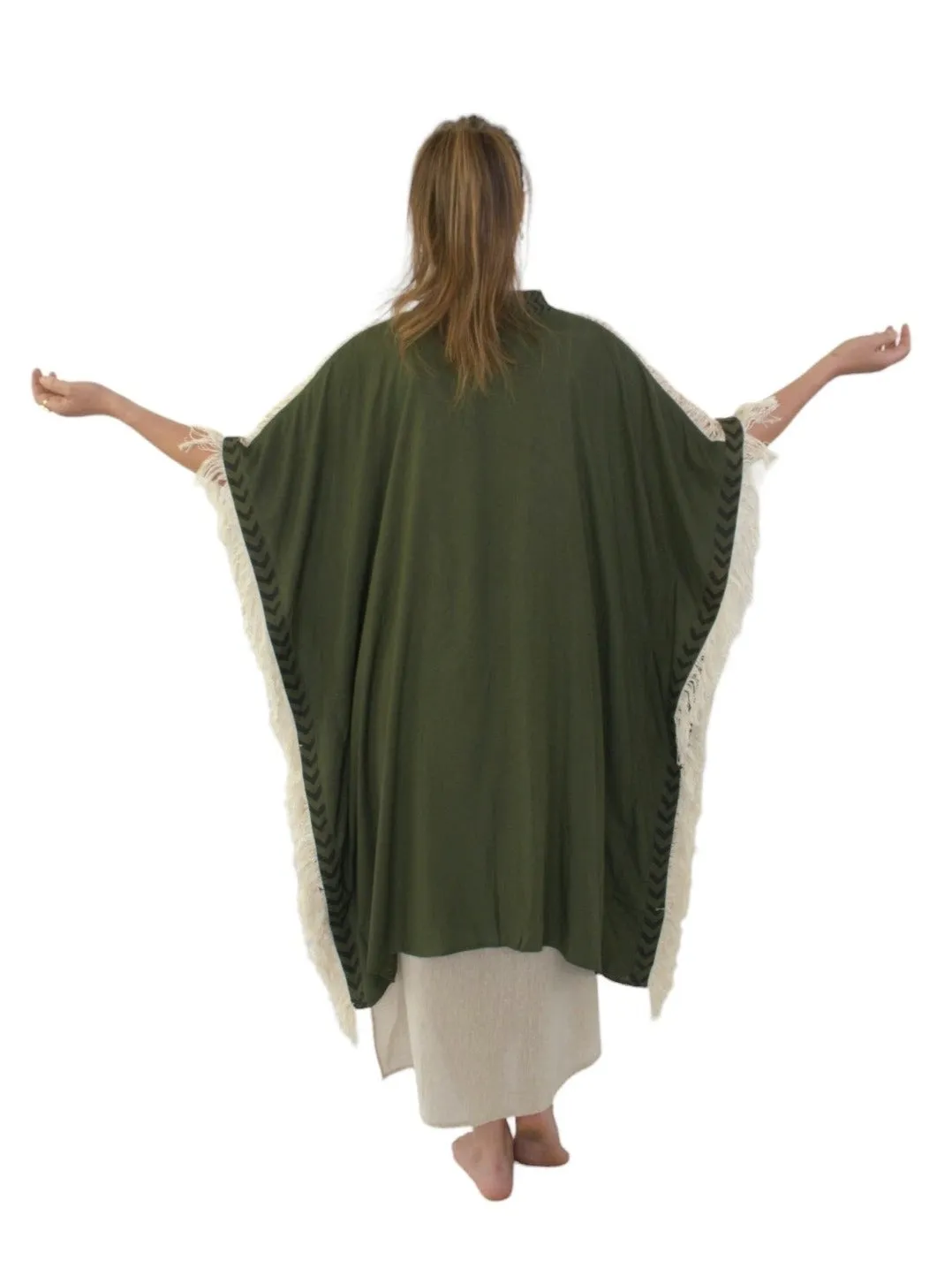 Forest Green Closed-Back Fringe Poncho