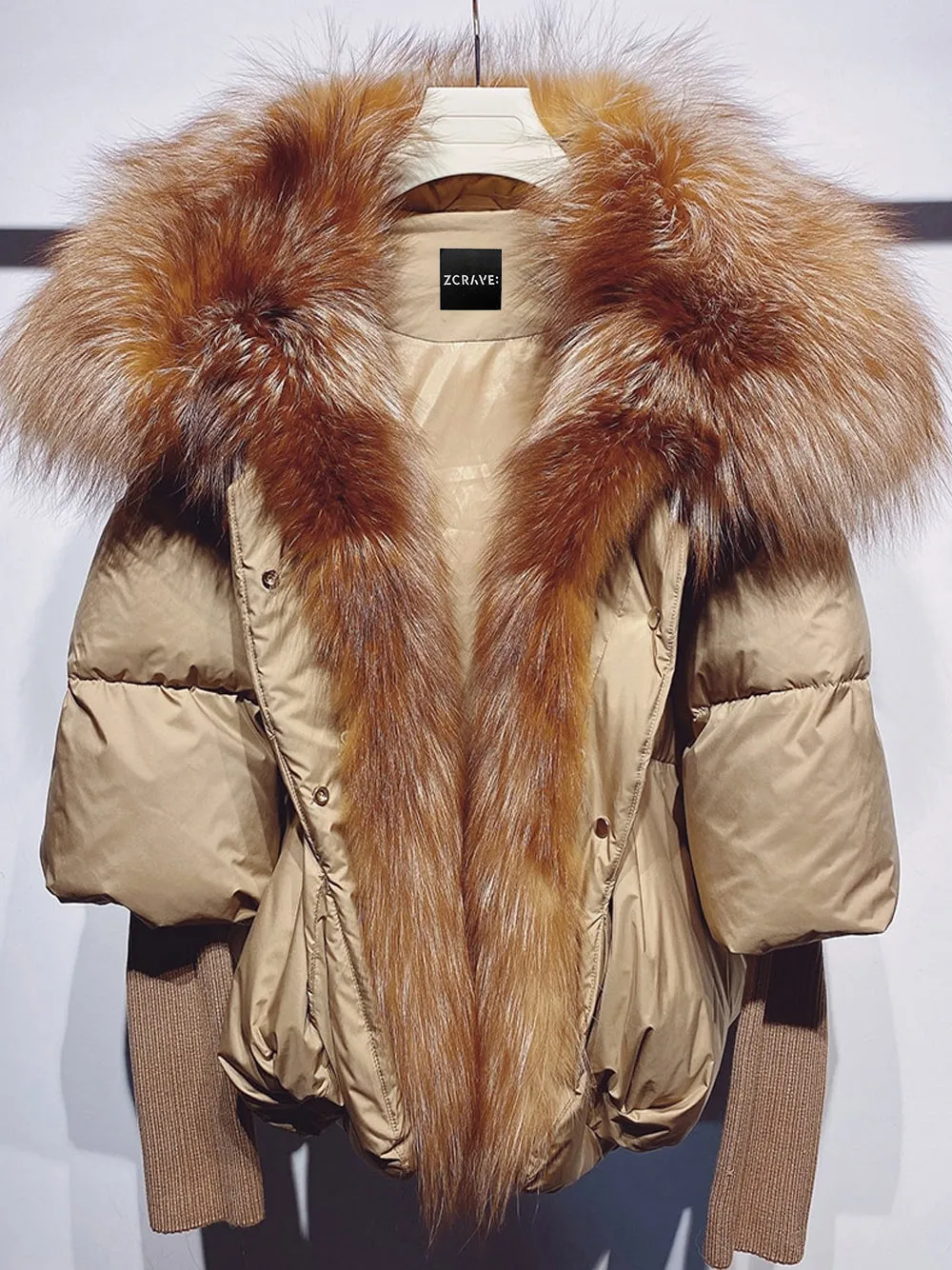 Fur Trim Puffer Jacket in Tan