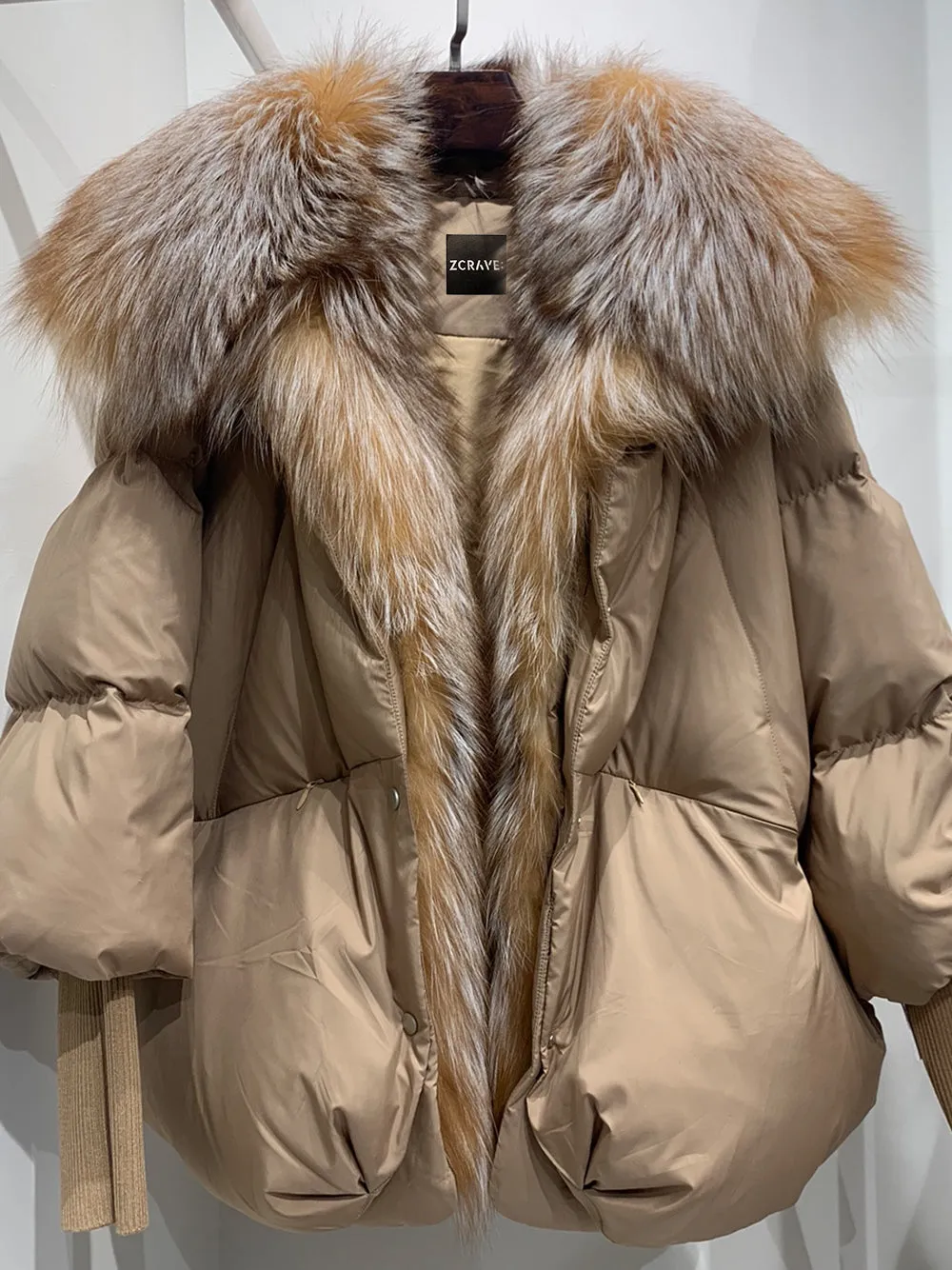 Fur Trim Puffer Jacket in Tan