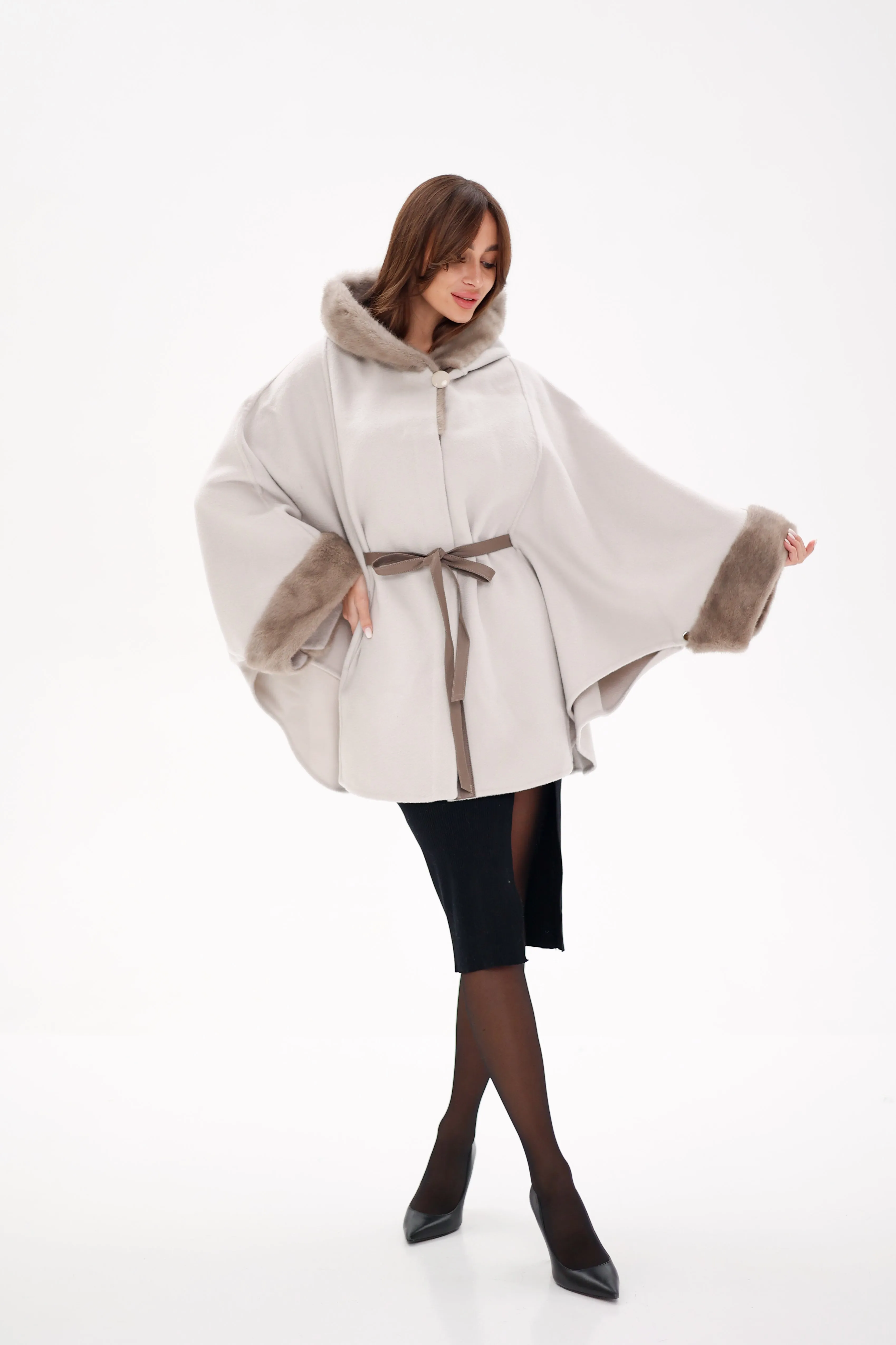 Genuine Mink Fur Double Face Wool Hooded Poncho