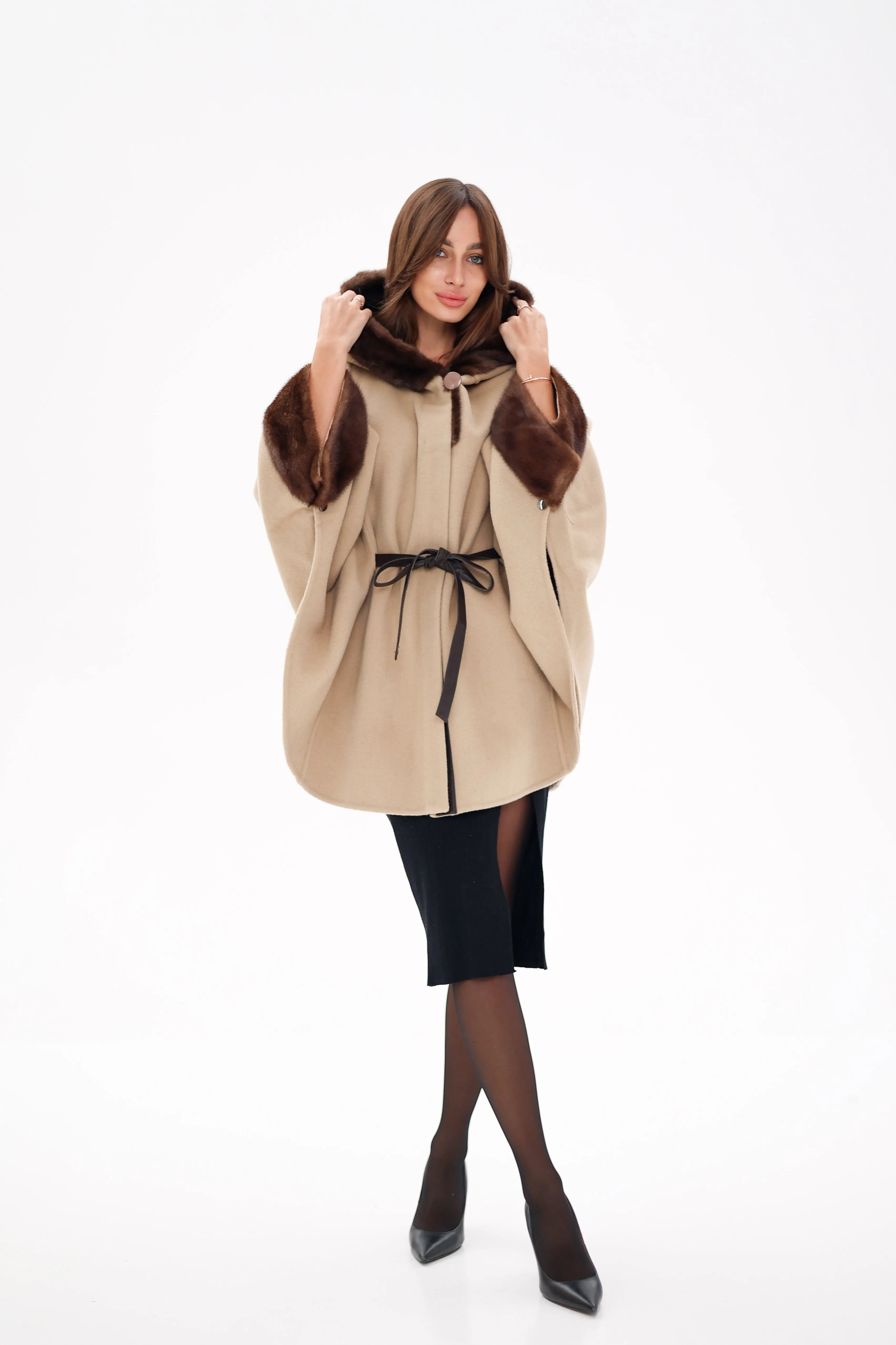 Genuine Mink Fur Double Face Wool Hooded Poncho