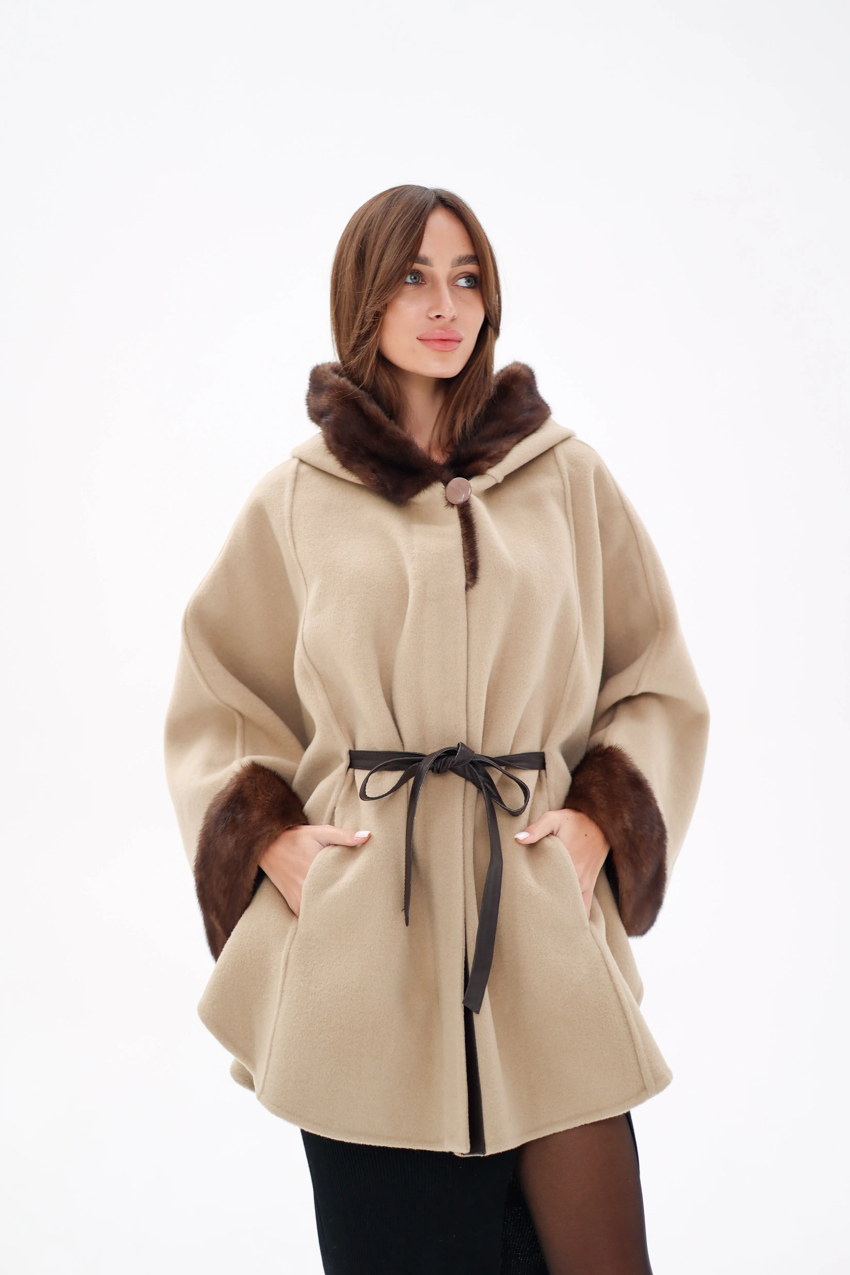 Genuine Mink Fur Double Face Wool Hooded Poncho