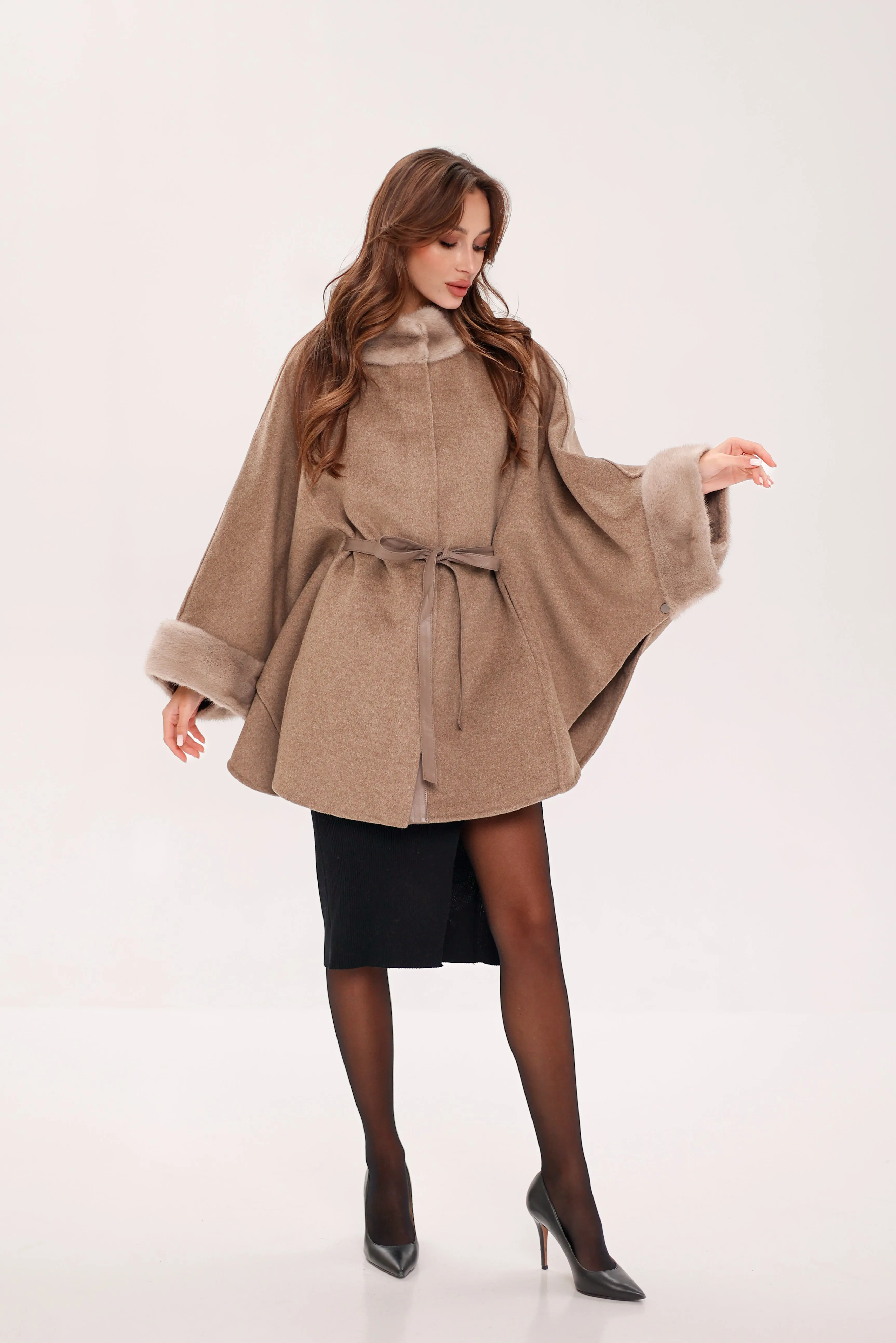 Genuine Scandinavian Mink Fur Double Face Wool Poncho