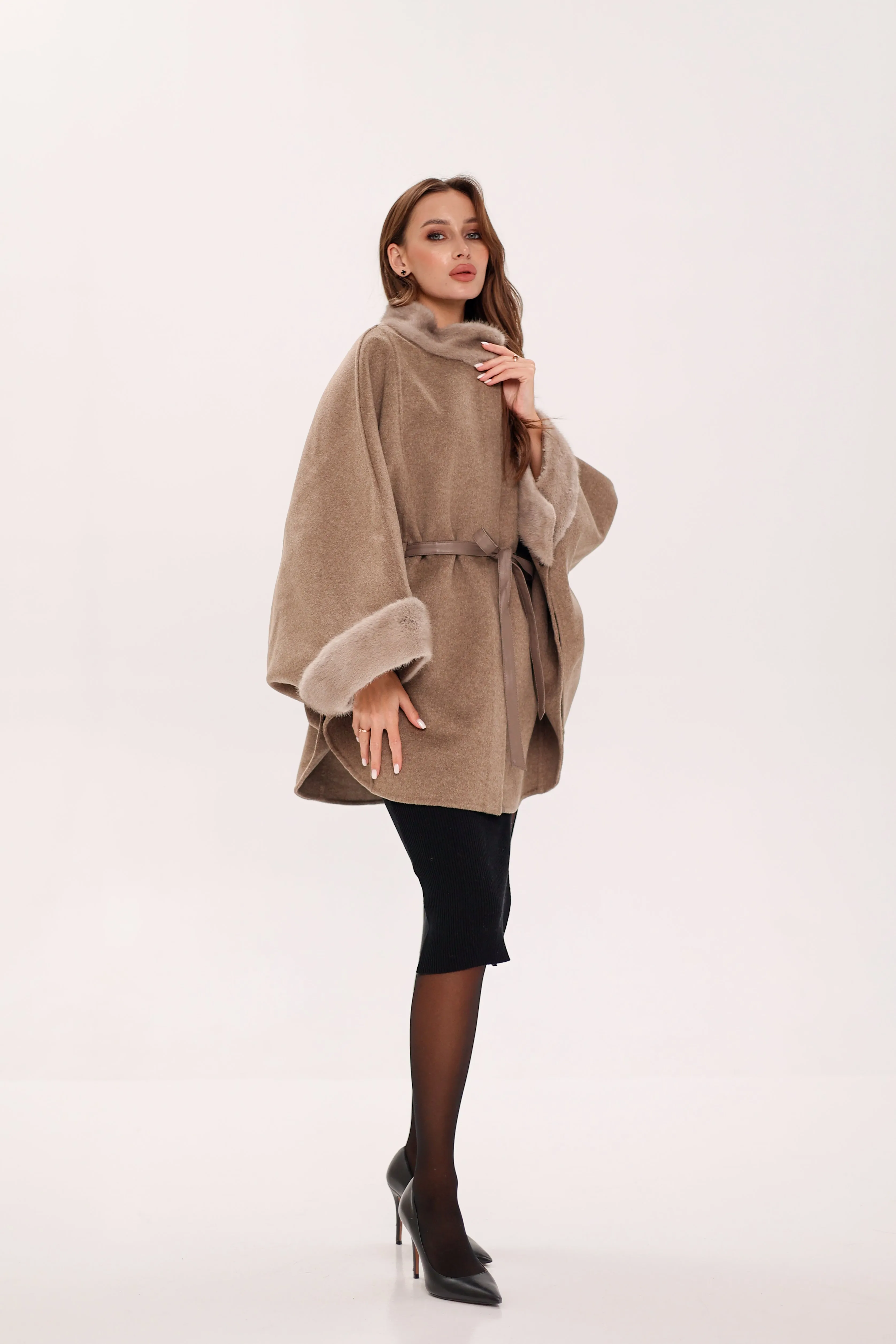 Genuine Scandinavian Mink Fur Double Face Wool Poncho