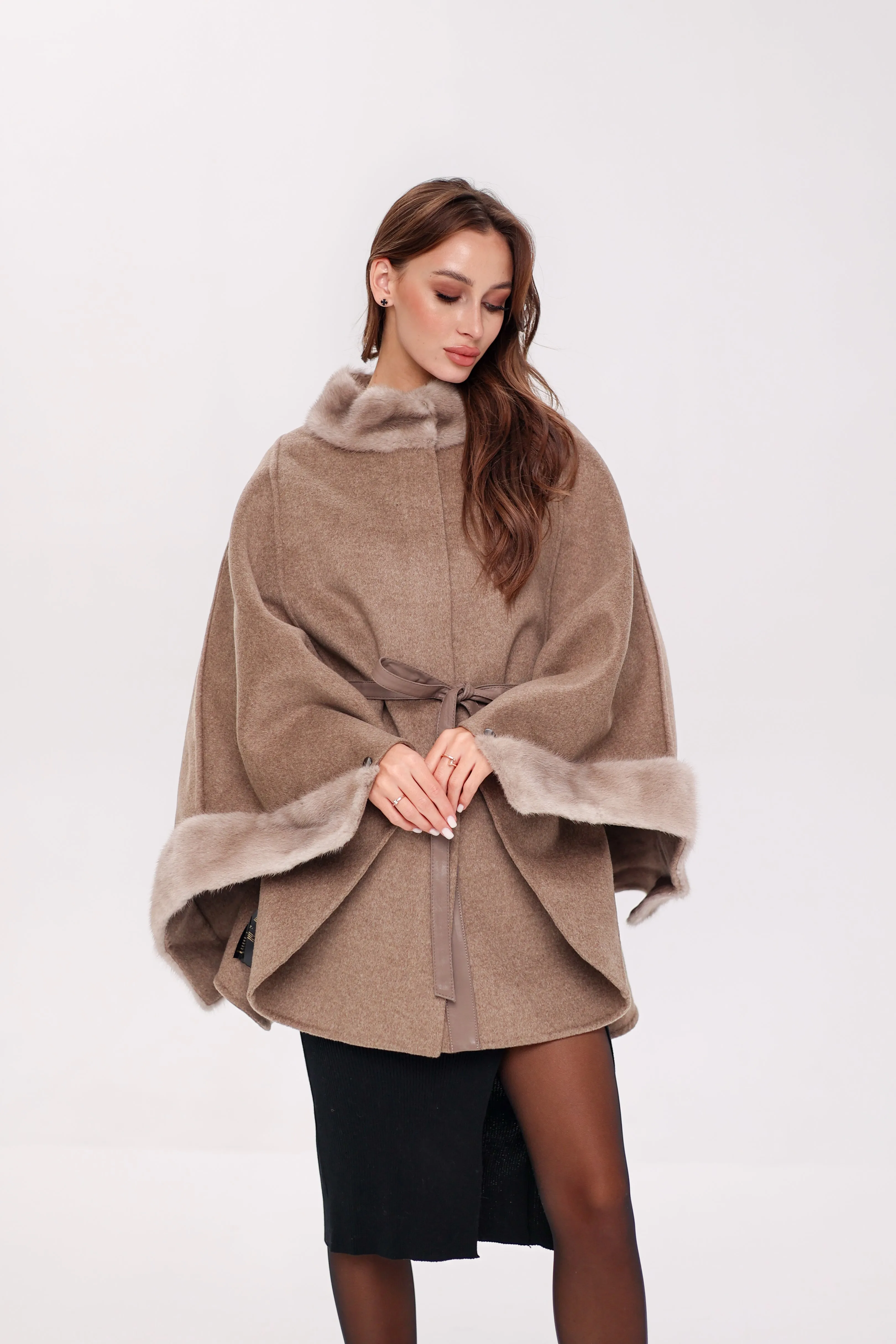 Genuine Scandinavian Mink Fur Double Face Wool Poncho