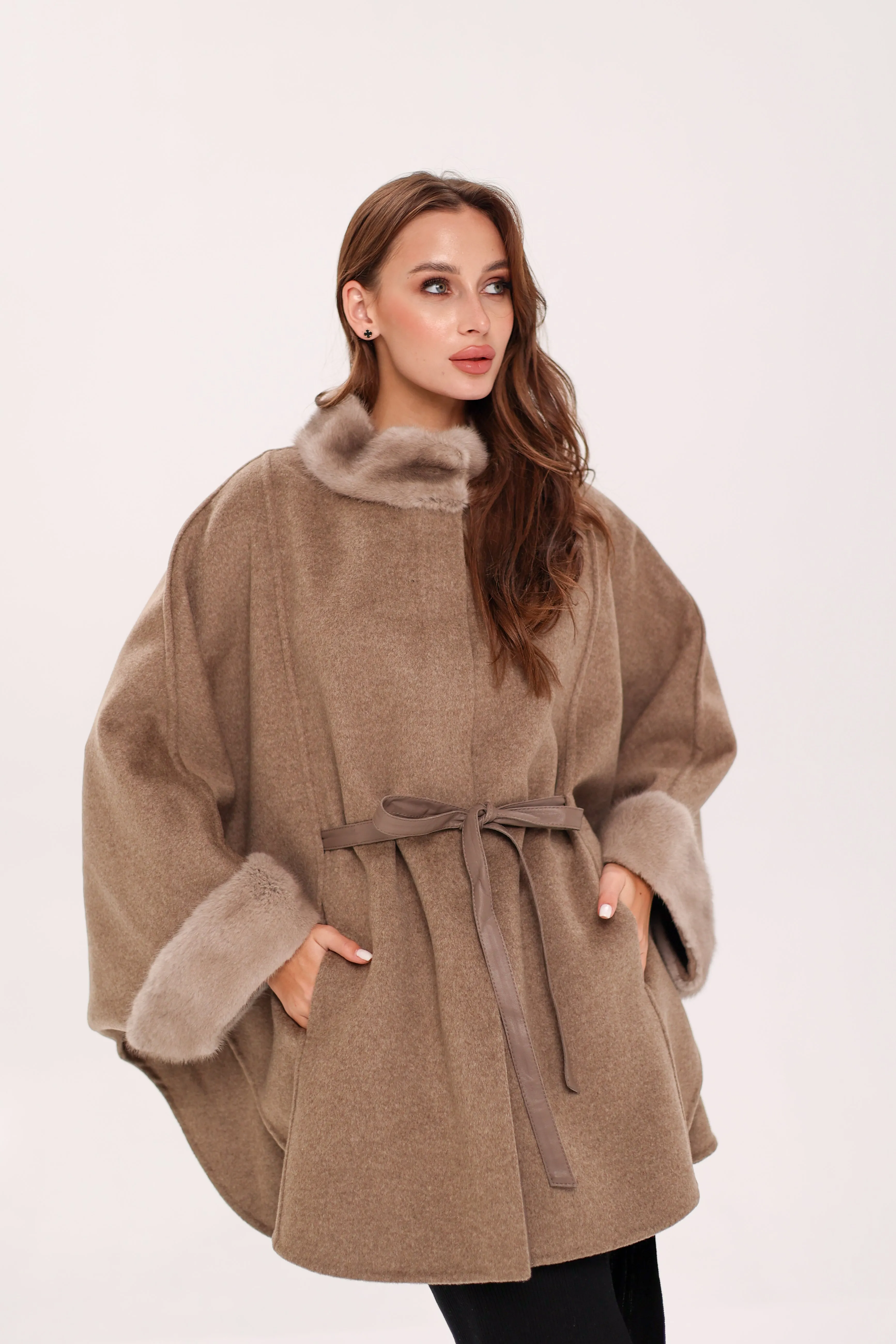 Genuine Scandinavian Mink Fur Double Face Wool Poncho