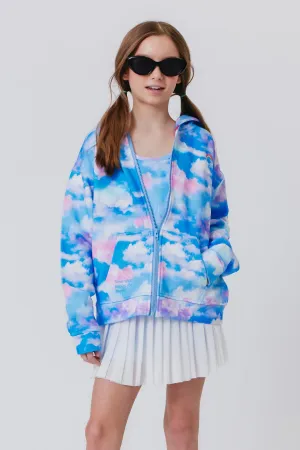 Girls Oversized Zip Hoodie in Cotton Candy Clouds