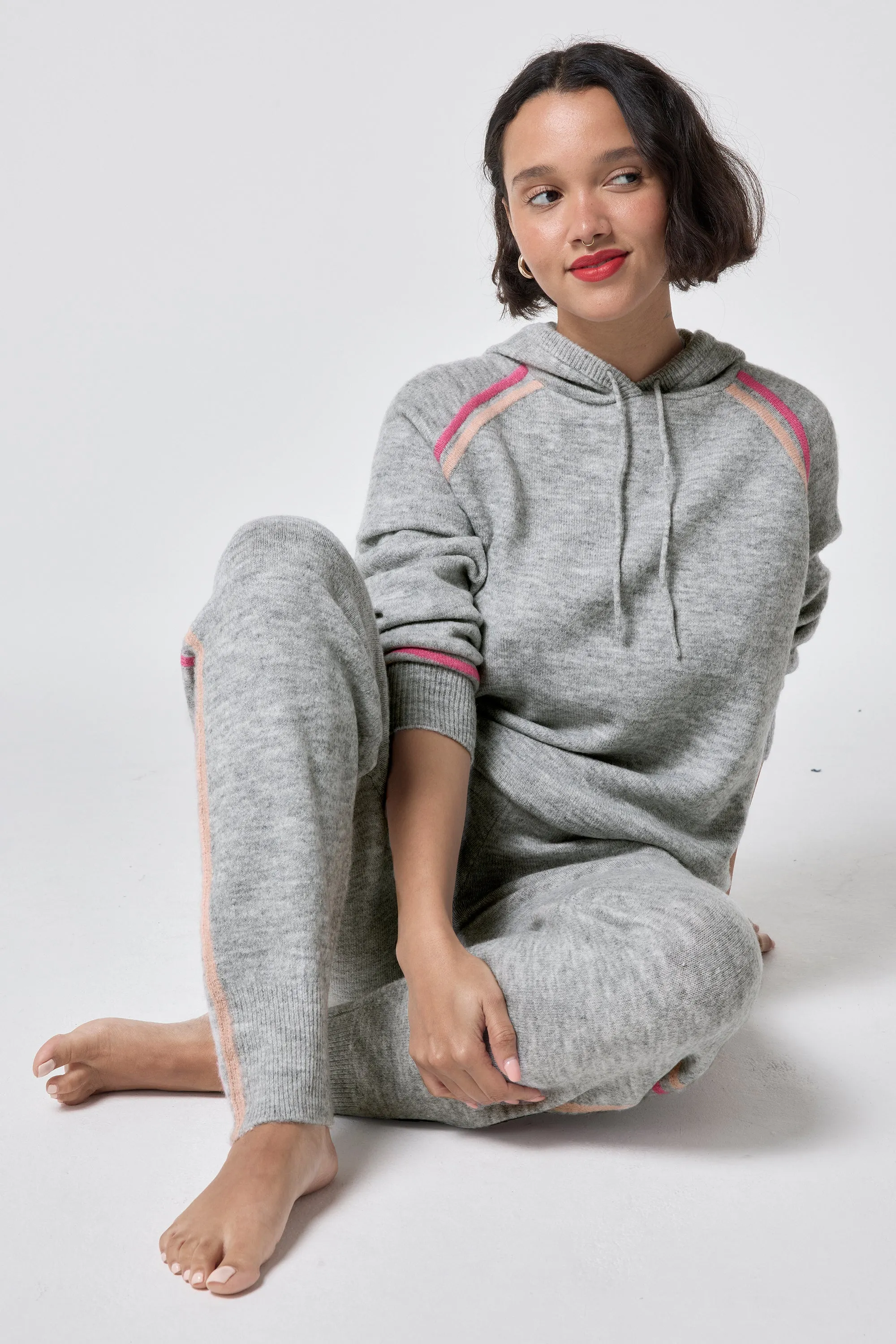 Grey with Peach and Pink Stripe Knitted Lounge Wear Joggers