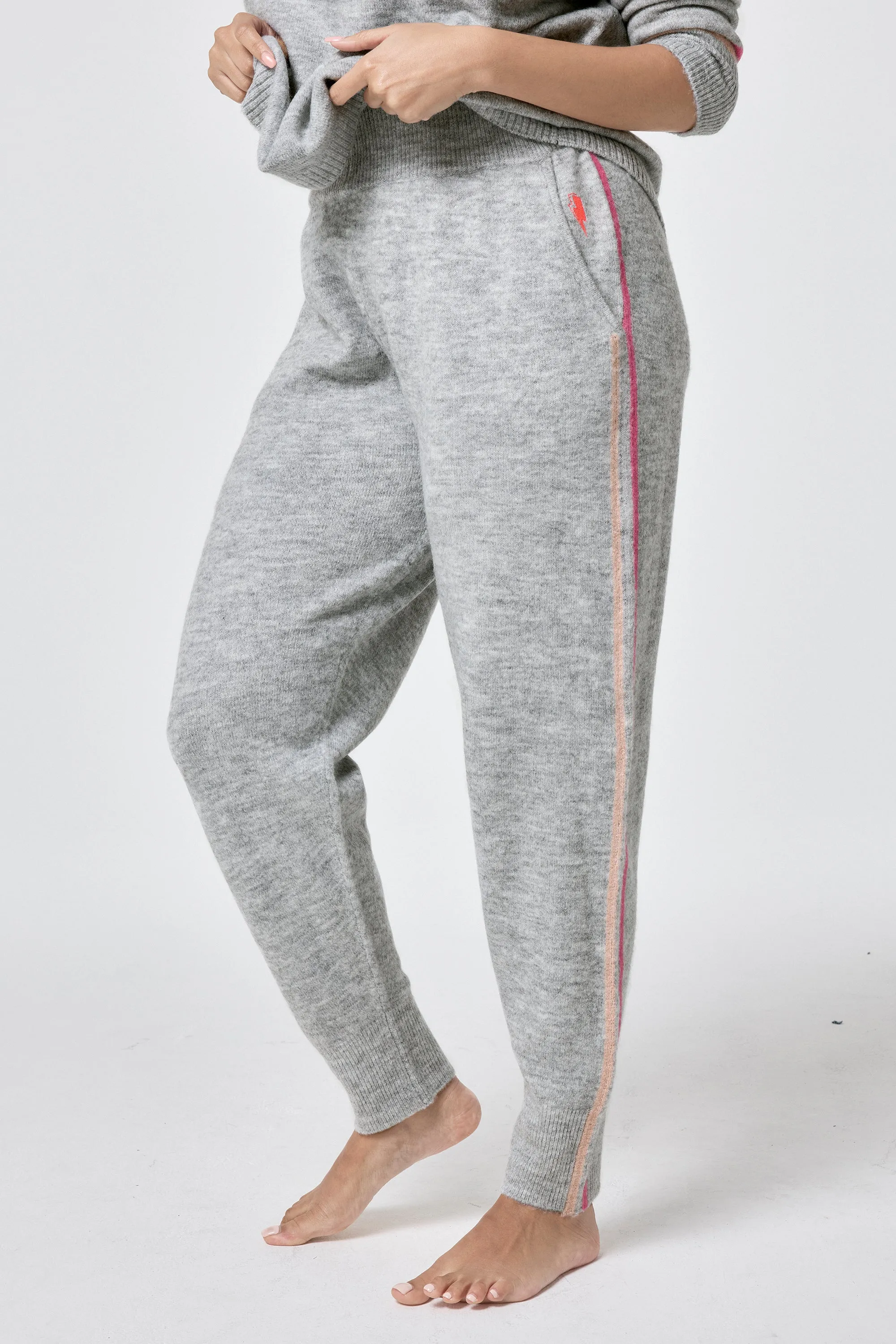 Grey with Peach and Pink Stripe Knitted Lounge Wear Joggers