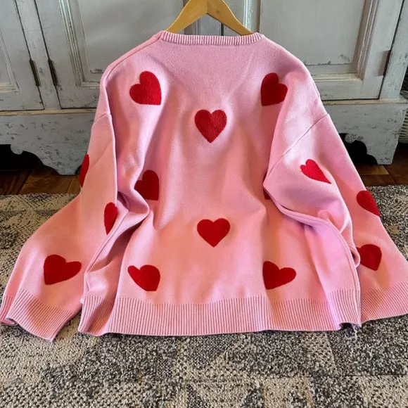 Heart Embroidered Pink Pullover Sweater