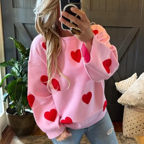 Heart Embroidered Pink Pullover Sweater