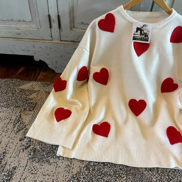 Heart Embroidered White & Red Pullover Sweater