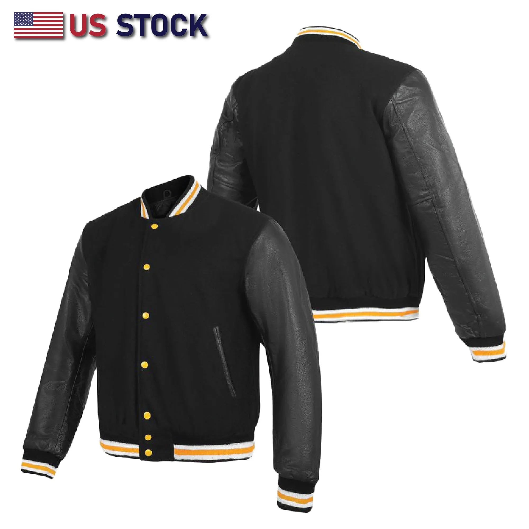 HL2802BLK/Yellow Leather Varsity Jacket Letterman Jacket Baseball Jacket Banded Collar