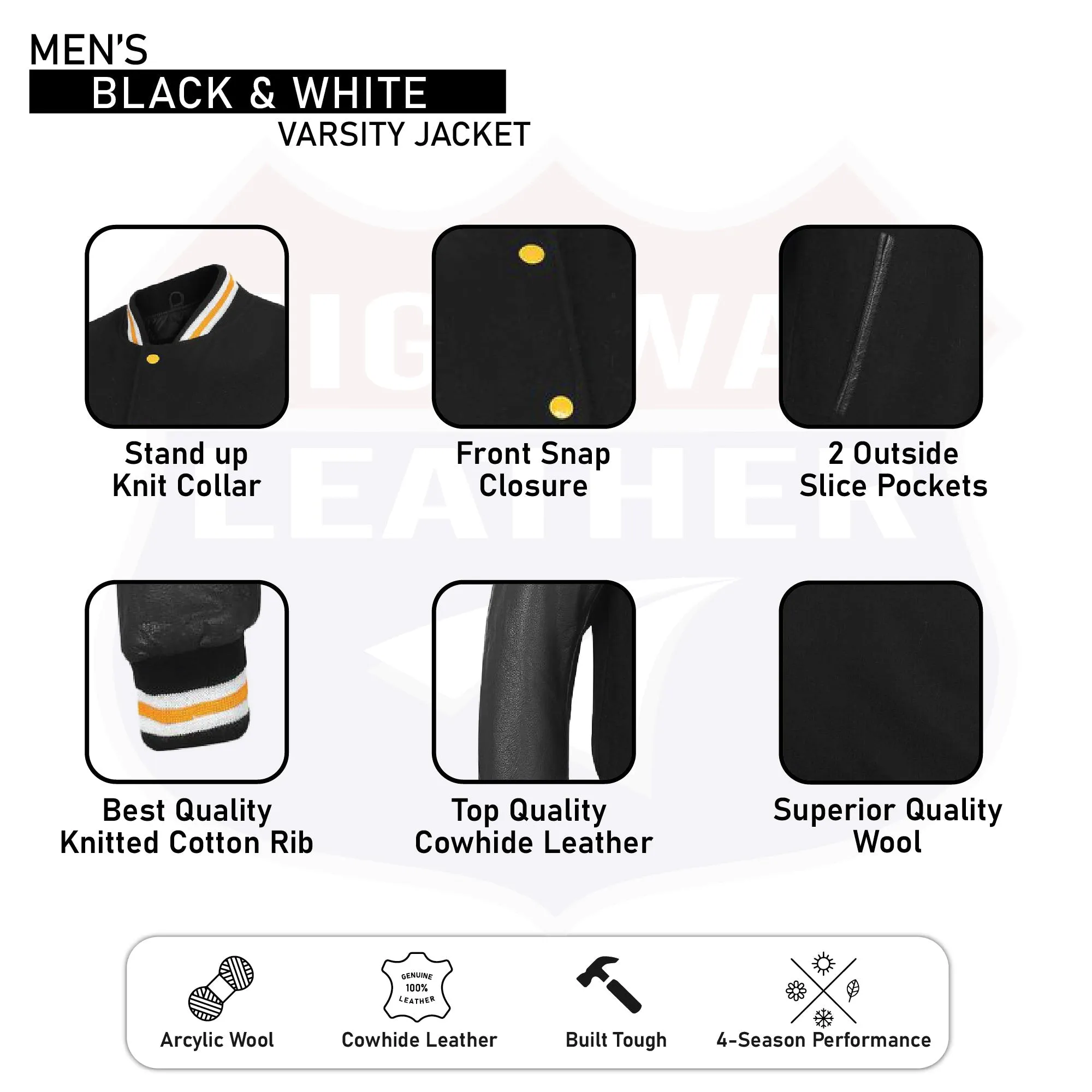 HL2802BLK/Yellow Leather Varsity Jacket Letterman Jacket Baseball Jacket Banded Collar