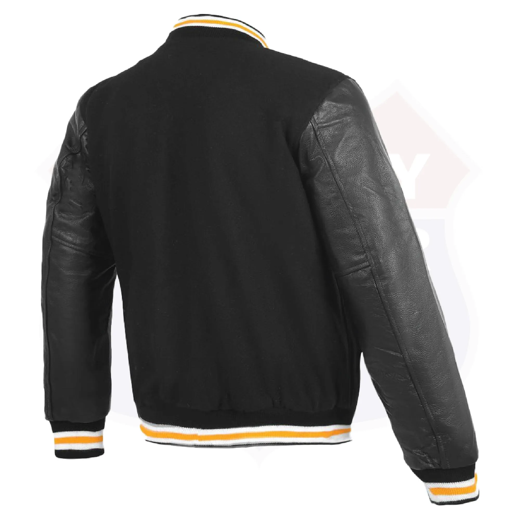 HL2802BLK/Yellow Leather Varsity Jacket Letterman Jacket Baseball Jacket Banded Collar