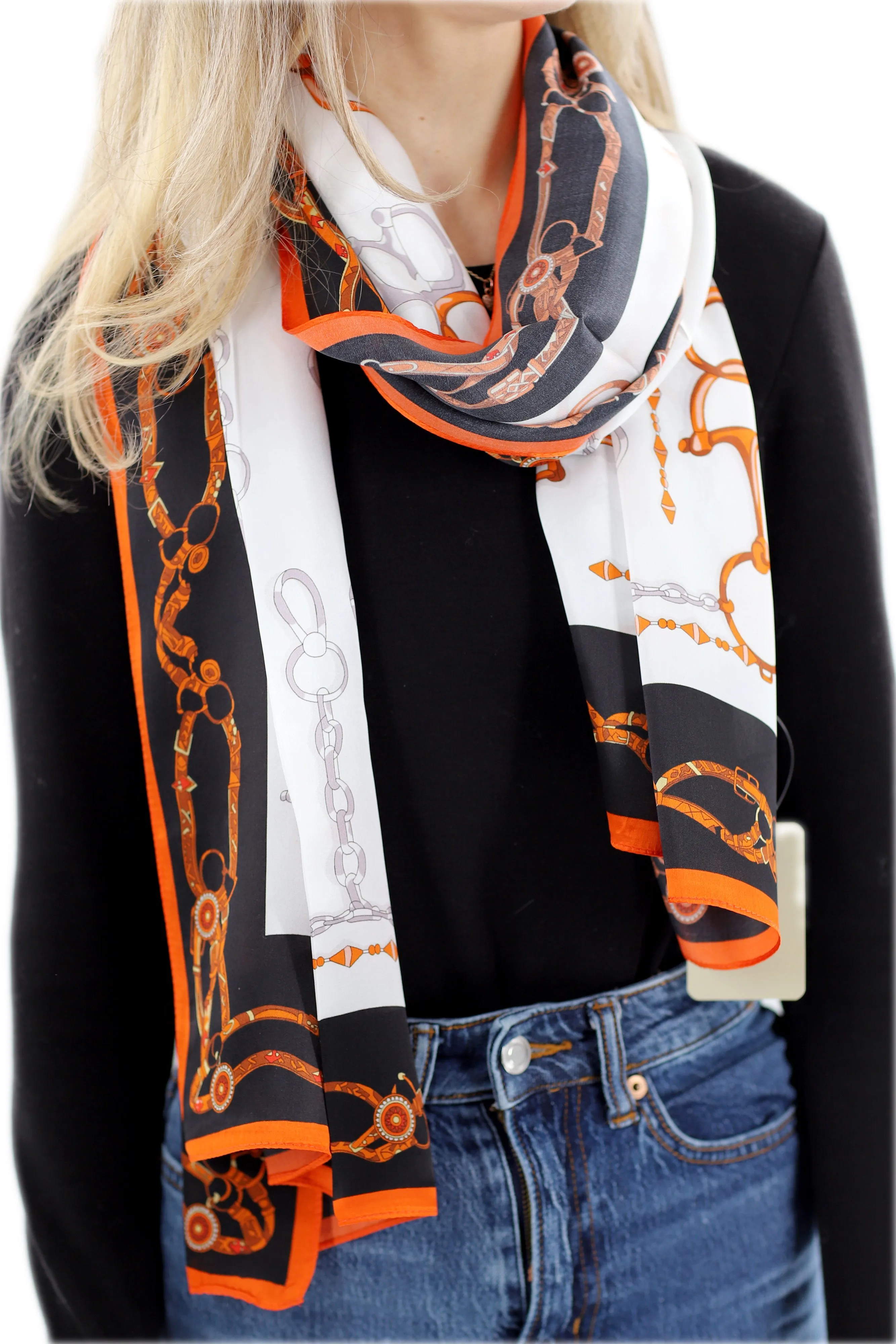 Iconic 100% Silk Chain Print Scarf - Orange - One Size (38x30in)