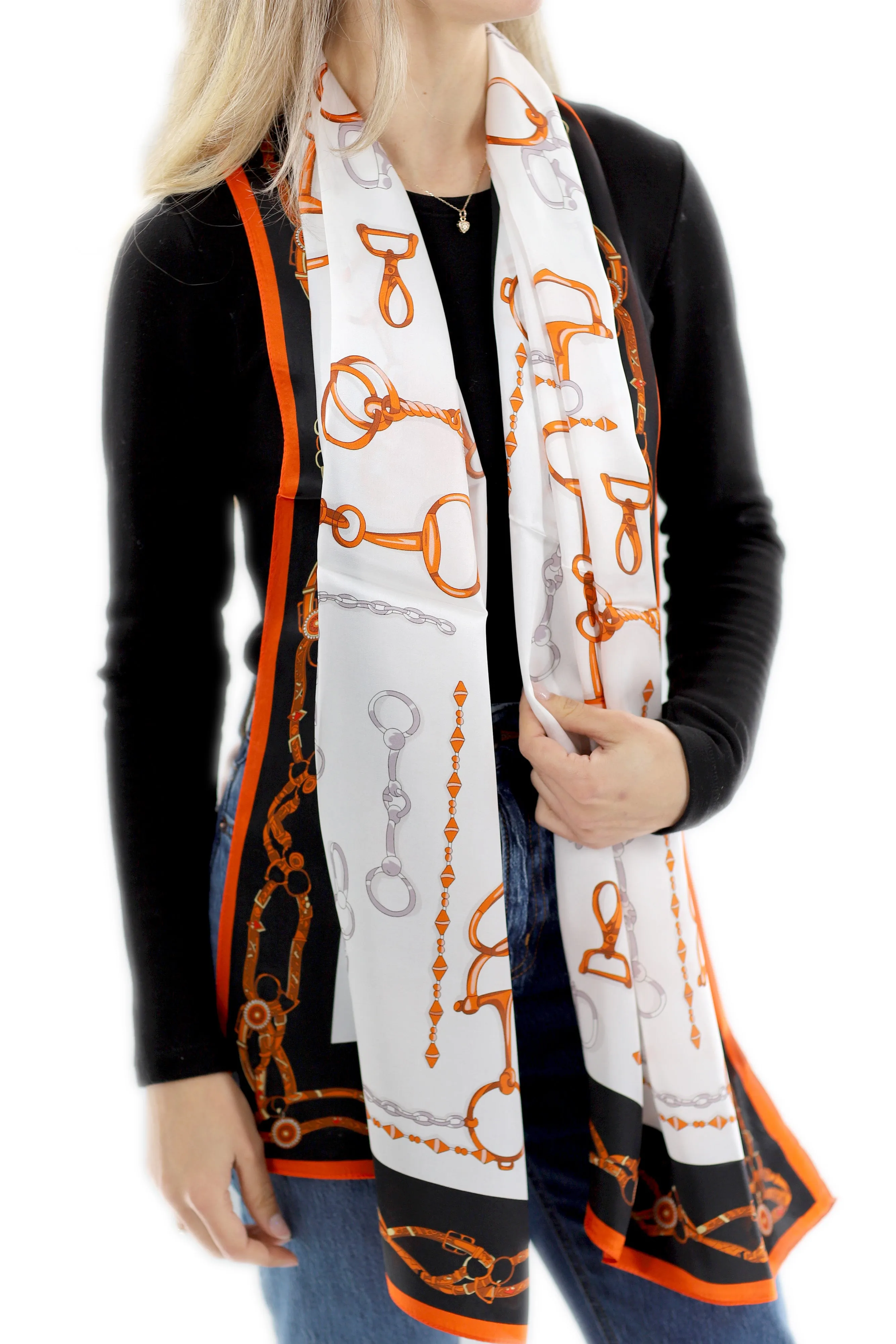 Iconic 100% Silk Chain Print Scarf - Orange - One Size (38x30in)