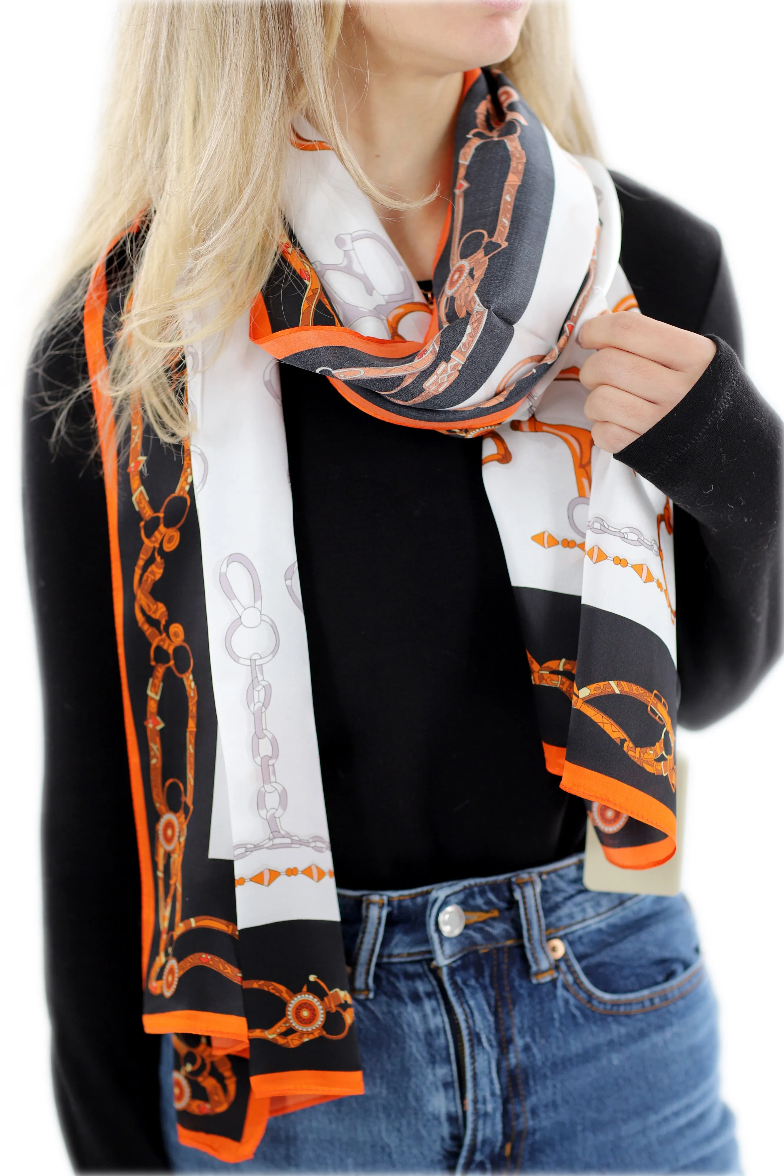 Iconic 100% Silk Chain Print Scarf - Orange - One Size (38x30in)