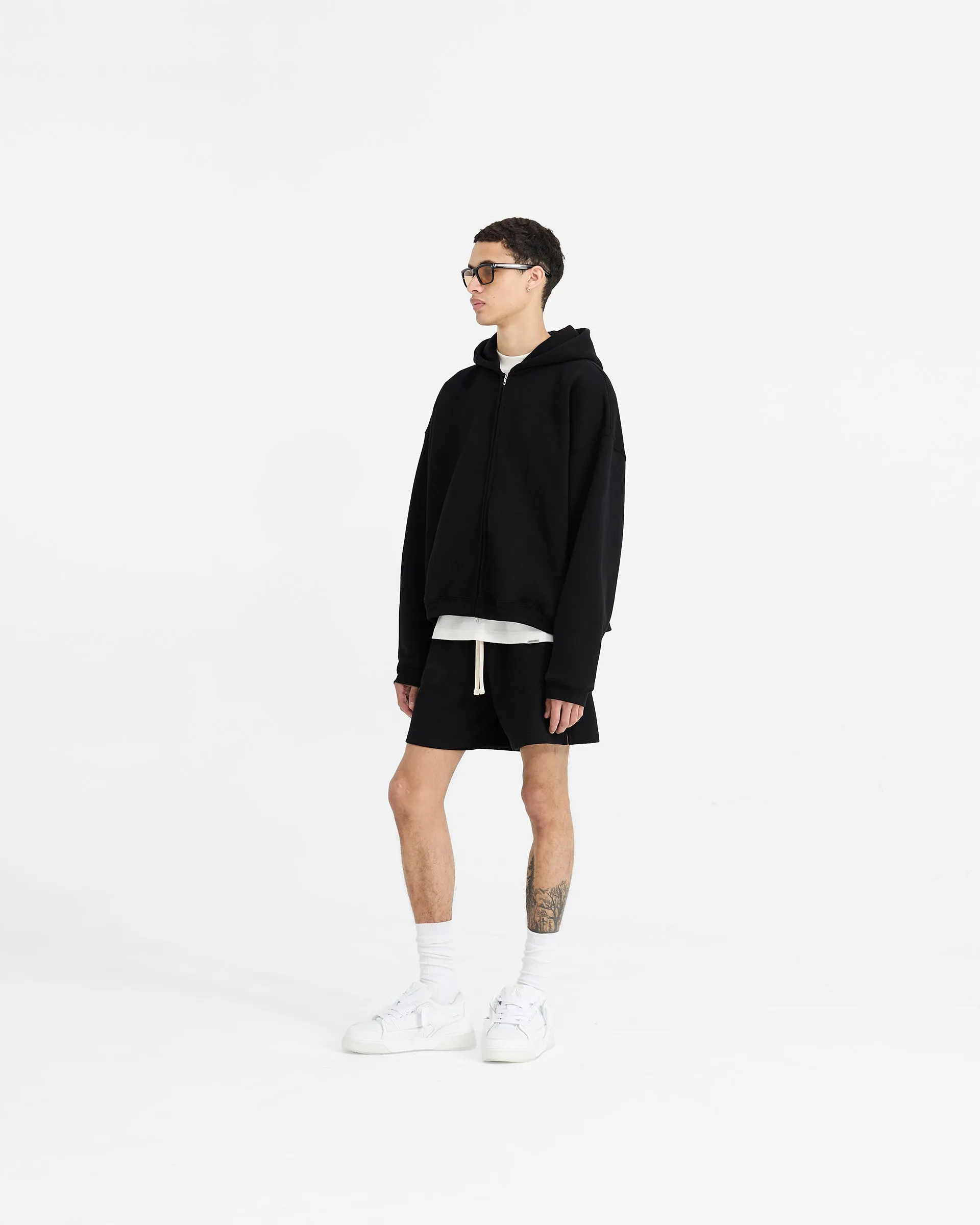 Initial Boxy Zip Through Hoodie - Black