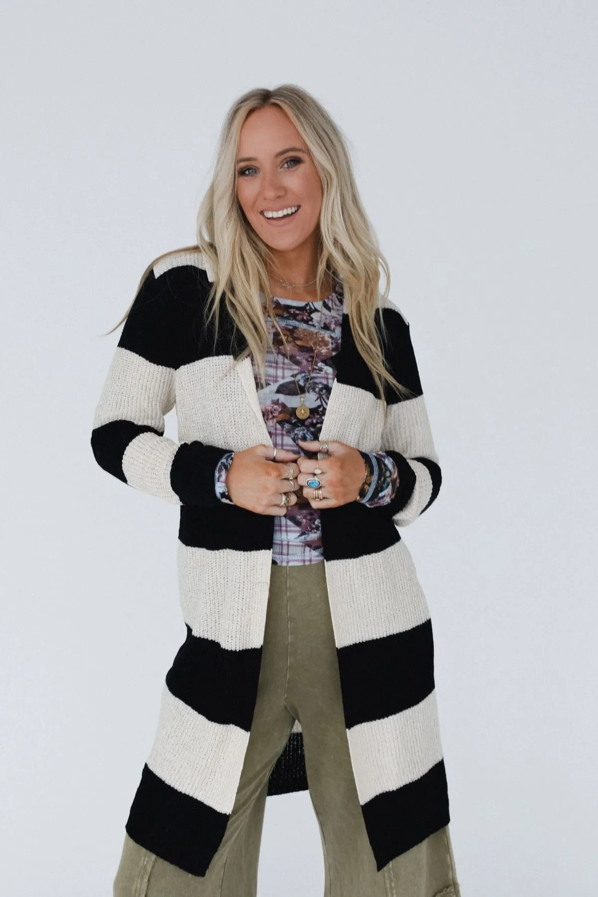 Maisie Striped Hoodie Cardigan - Black