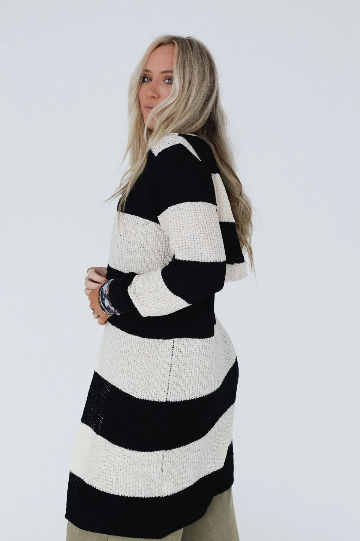 Maisie Striped Hoodie Cardigan - Black