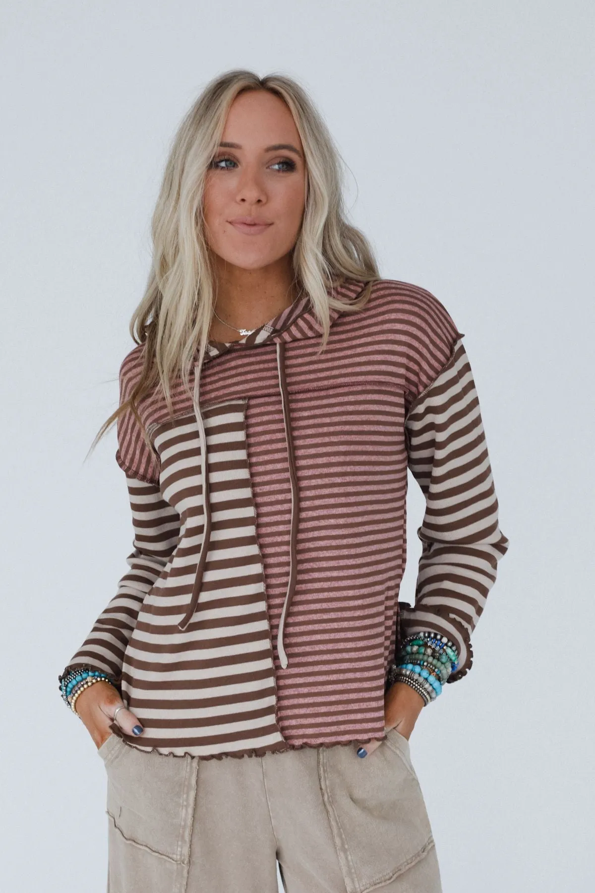 Orla Striped Hoodie Top - Mauve